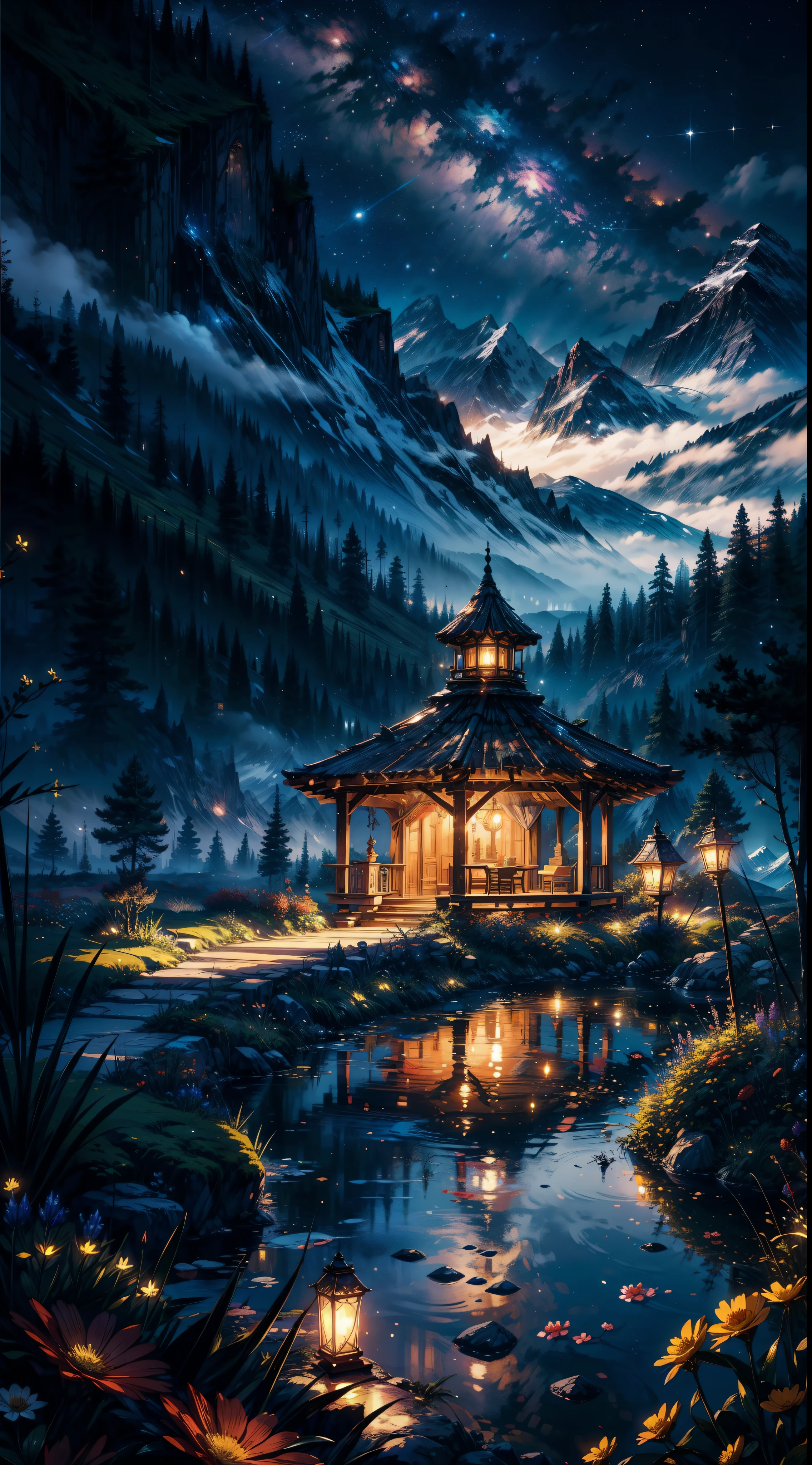 Gorgeous, Masterpiece, Best quality, landscape, A high resolution,4K, the wallpaper, Tracking lights, Mountains, Intricate, Detailed, Inside the interrupt, camp, florest, casa, magical, magic, No_Humanity, Hut, Flowers, Busy, roleplaying, lord of the ring, cozy calm,Peaceful, stunning view