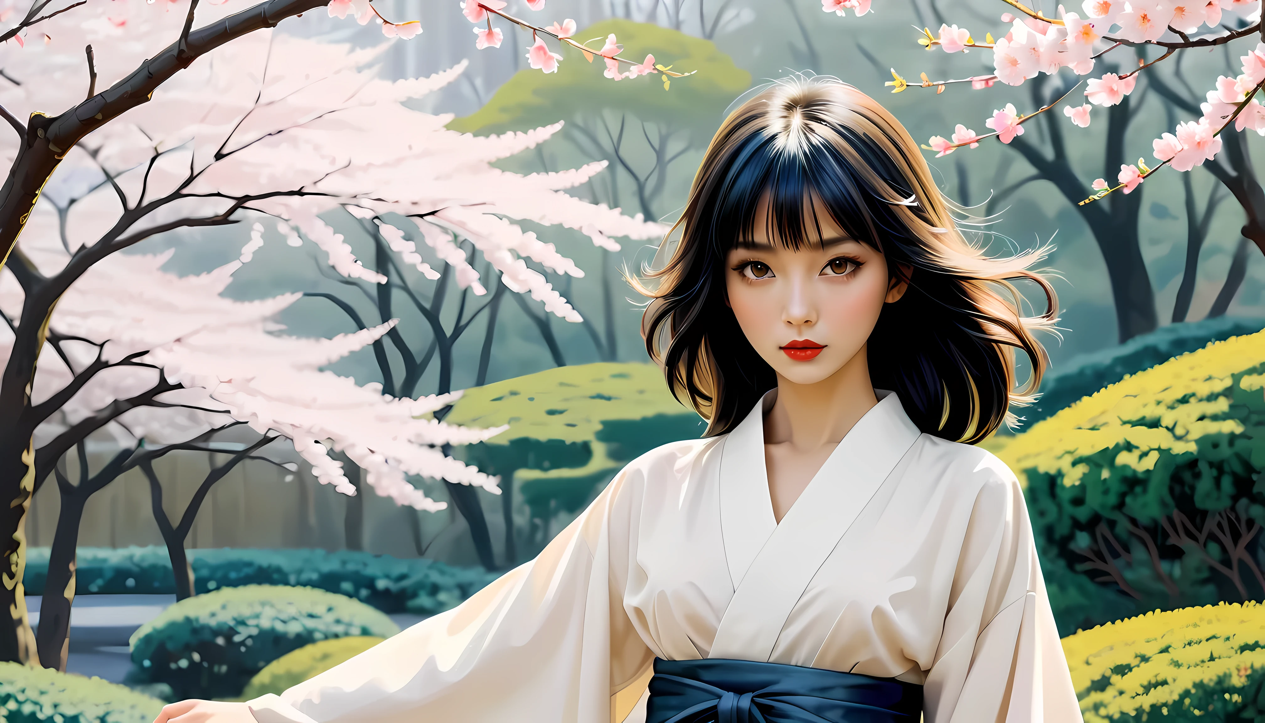 ((full body):1.2), smooth lines; Express expressions and postures through ink contrast, The background is a sakura garden. emphasize light, shadow and space. Drawing of Supermodel Japanese Beauty. Black hair, (messy bangs hairstyle), ((fresh)), golden ratio face, perfect face, (attractive body), (fashion model body), wearing maiden robe, fine art piece, figurative art, Dress neatly. sexy painting, Wallop | (best quality, 4K, 8k, high resolution,masterpiece:1.2), Super detailed,(actual, photoactual, photo-actual:1.37).