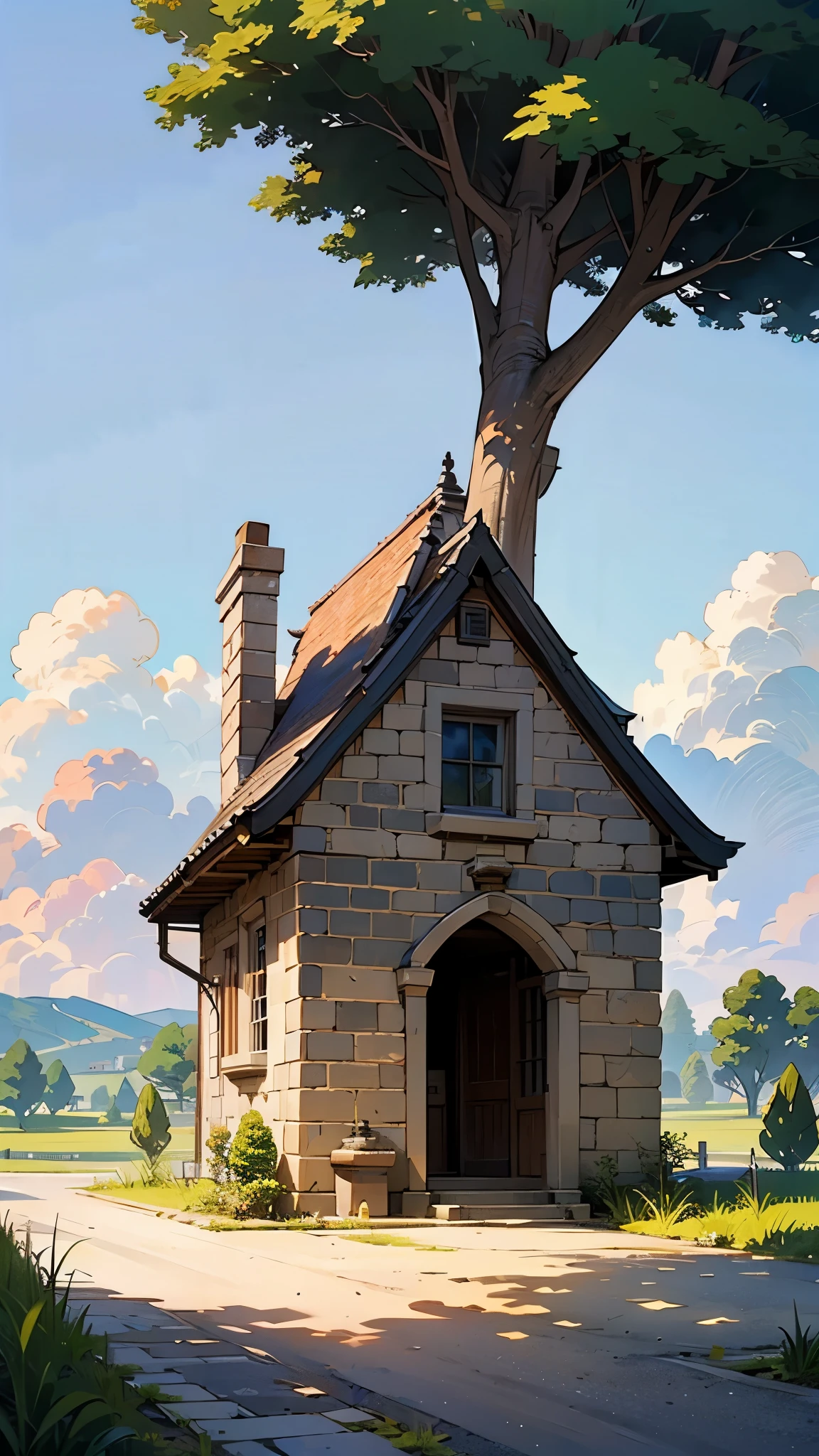 Small stone brick house in a vast landscape with cloudy sky and sun near the house is a water well and a tree beside it