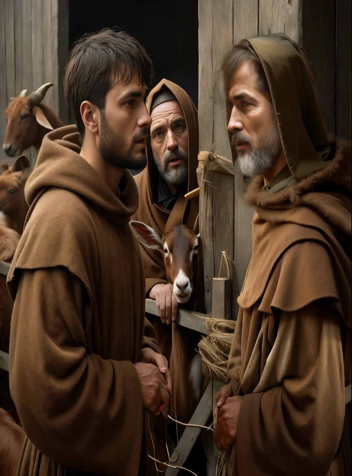 three men in vestes marrons stand next to a goat in a stable, Monges, wearing vestes marrons, camponeses medievais, vestes marrons, por Artur Tarnowski, cena realista, Alexei Egorov, Caravaggio e Moebius, pintado digitalmente, cena do filme live-action, inspirado em Petrus Christus, artista desconhecido, still from a live action film