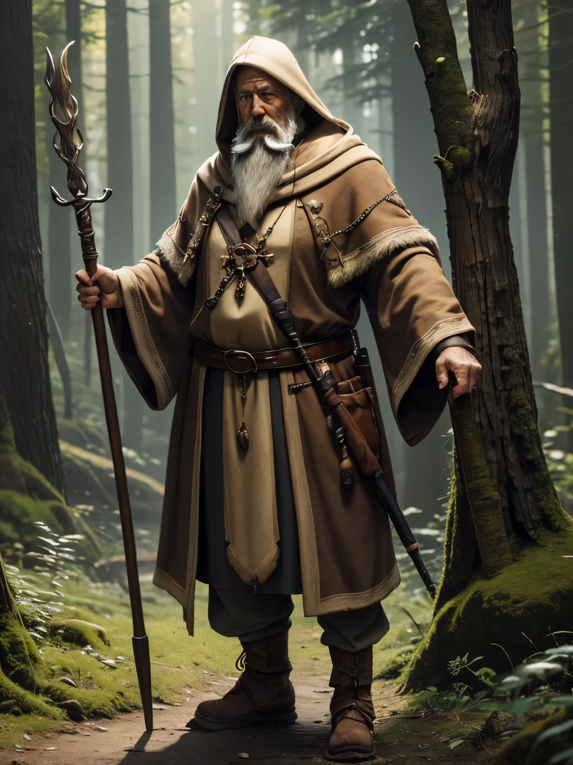 Very old man(schmalle statur) with a white beard and a brown hoodie(Druide), steht im wald, has a powerful staff in his hand(wanderstab)