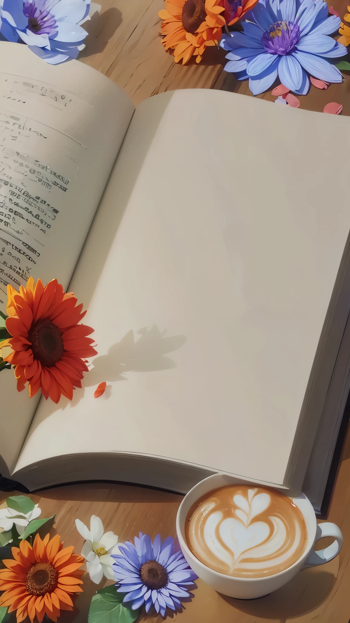 big open book on the table、There is nothing written on the pages of the book.、book close-up、There is a mug with a latte and scattered flowers around the book.、soft sunlight