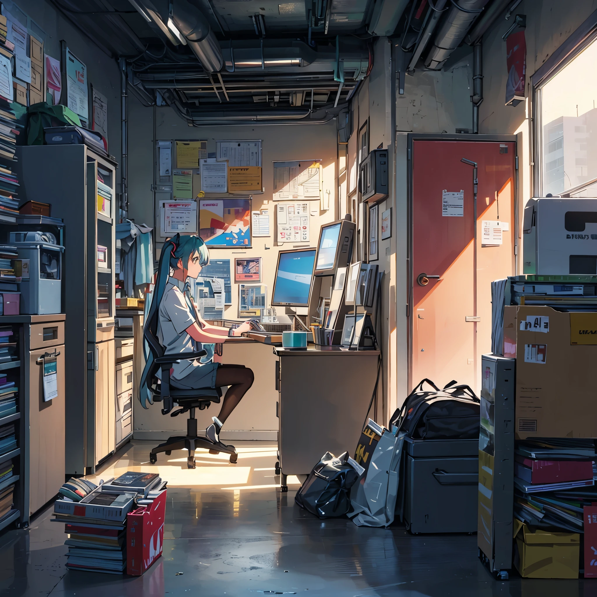 Cyberpunk style cluttered room. more neon. Many machines with unknown uses. Large windows with an open feel. It's sunny outside. Hatsune Miku is sitting on the chair..