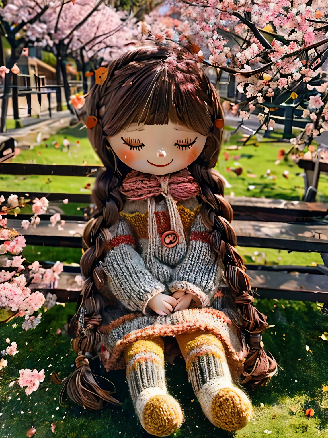 (masterpiece, best quality:1.2),knitted doll，smiley face，riverside，under the cherry blossom tree，Cherry blossoms all over the ground，Sakura petals flying background，Sakura petals are floating in the air，depth of field，backlight，Light particles flutter，Light effect，8k