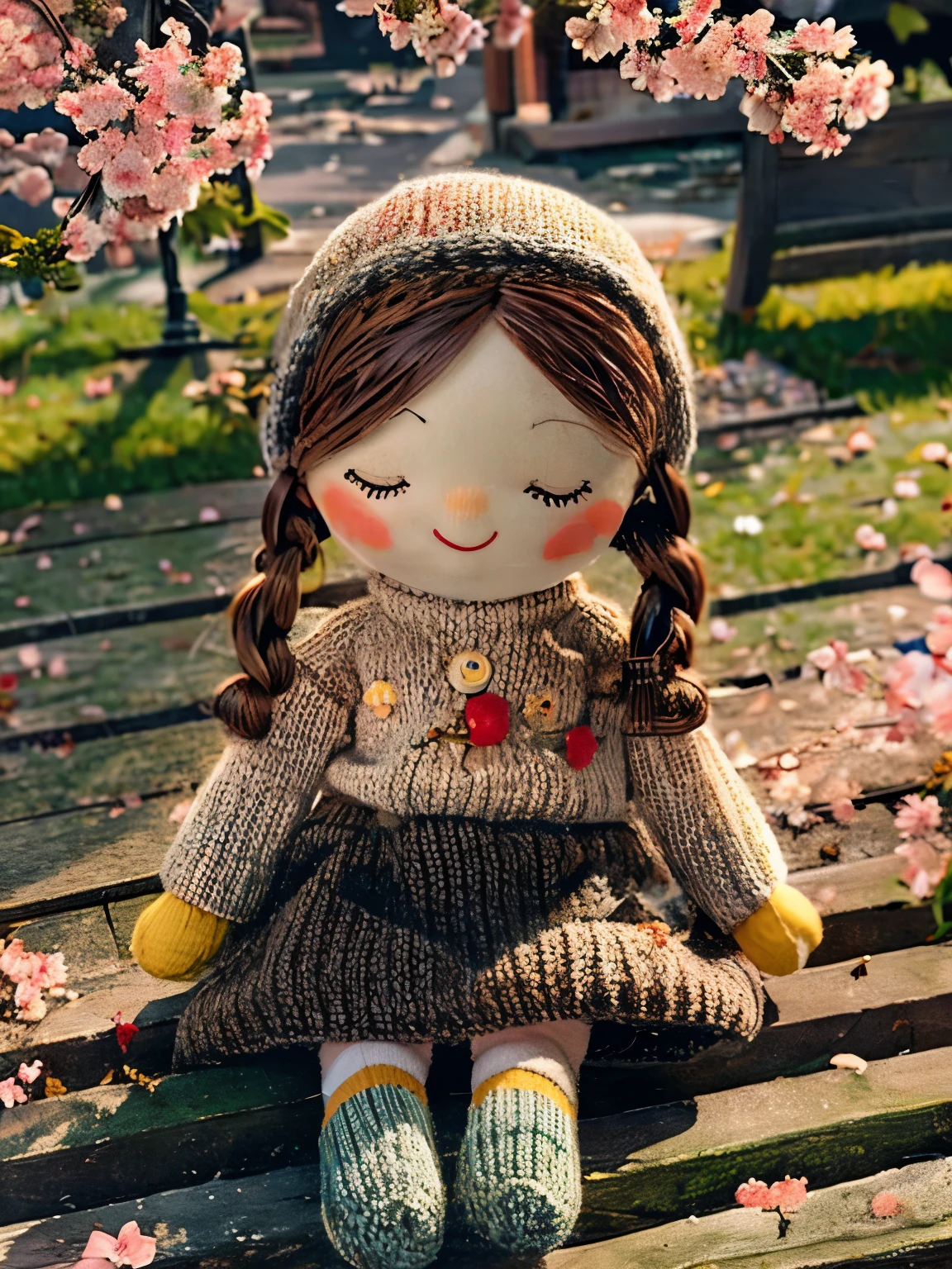 (masterpiece, best quality:1.2),knitted doll，smiley face，riverside，under the cherry blossom tree，Cherry blossoms all over the ground，Sakura petals flying background，Sakura petals are floating in the air，depth of field，backlight，Light particles flutter，Light effect，8k