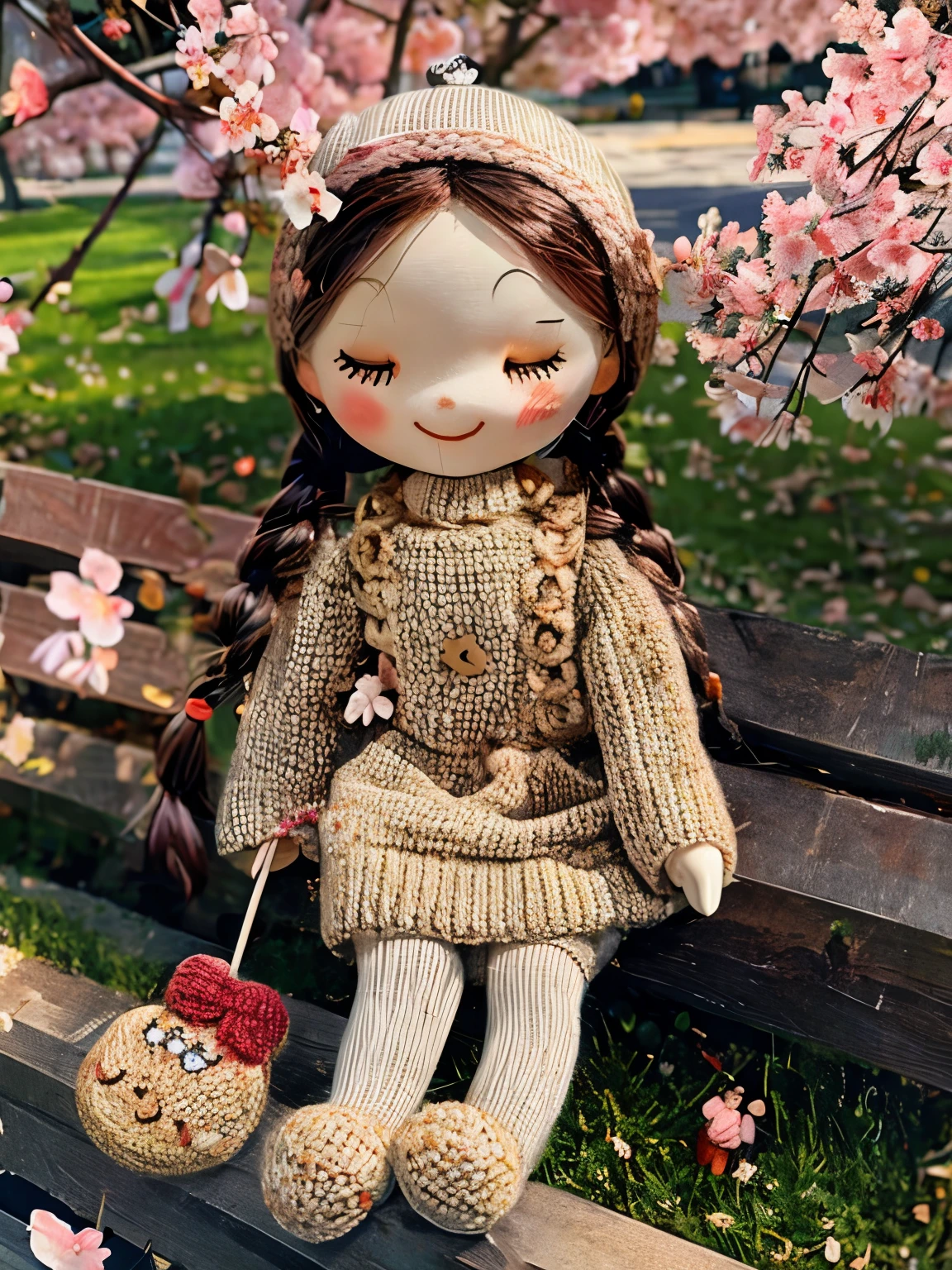 (masterpiece, best quality:1.2),knitted doll，smiley face，riverside，under the cherry blossom tree，Cherry blossoms all over the ground，Sakura petals flying background，Sakura petals are floating in the air，depth of field，backlight，Light particles flutter，Light effect，8k