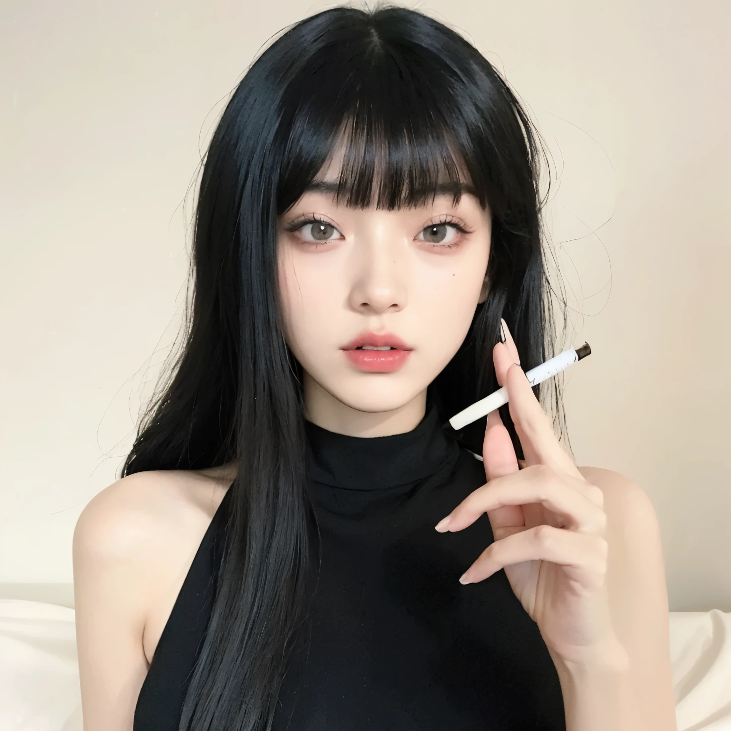 Araffe con pelo largo y negro y un cigarrillo en la mano., cruel korean gothic girl, ulzzang, gothic girl aesthetic, chica anime en la vida real, es el estilo de junji, 1 7 year old anime gothic girl, maquillaje popular de corea del sur, pale gothic beauty, es el estilo de junji, gothic aesthetic, with black sclera eyes