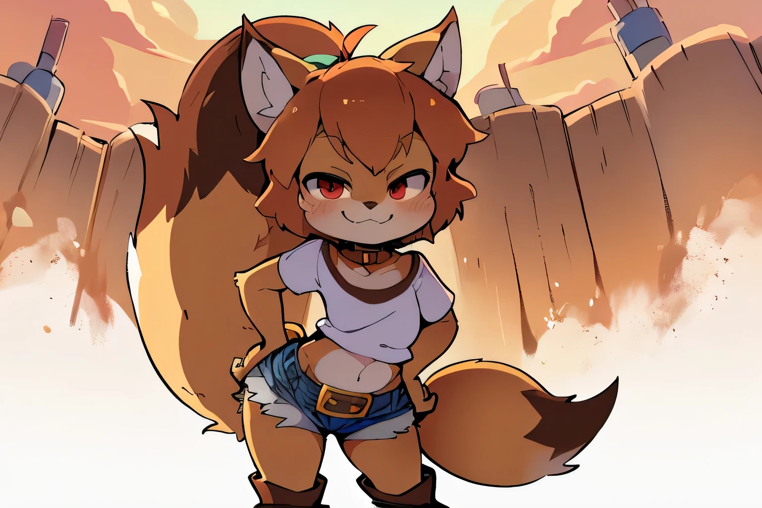 2 girls, wolf and fox, furry, bodyfur, tail, topless, jeans, long trousers, gloves, boots, chibi