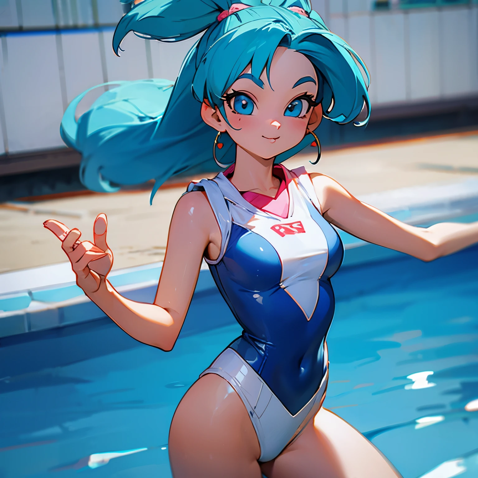 create an image of bulma wearing a pool outfit