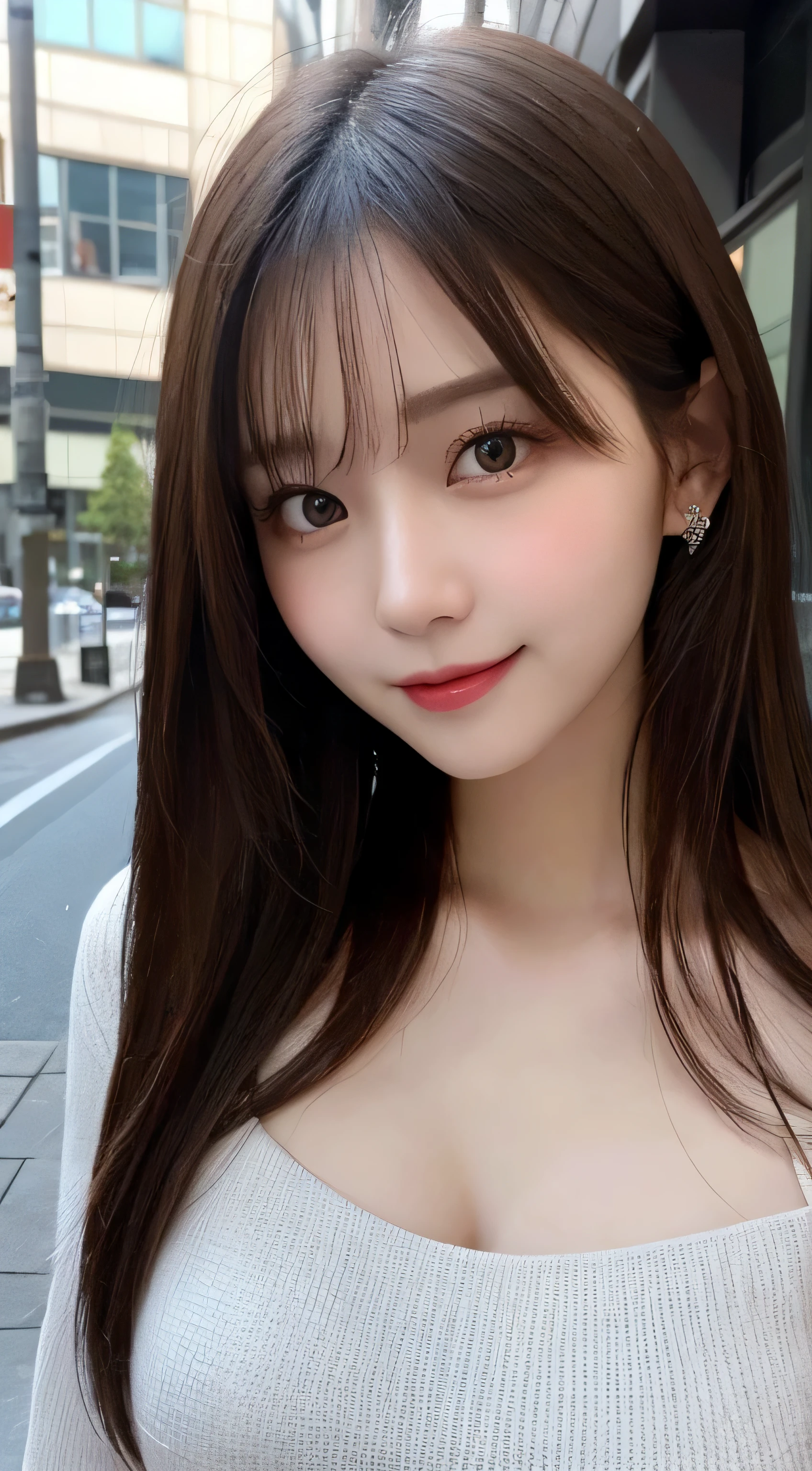 table top, highest quality,shape, Super detailed, finely, High resolution, 8k wallpaper, perfect dynamic composition, rough winter clothes,beautiful and detailed eyes,beautiful long hair,natural color lip, bold sexy pose,shy smile, 20 year old girl, cute, sexy shot looking at camera,Always blur the background,beautiful and detailed face, slim face and style,adult beauty, small face,luxury brands,青山street,Cross halter neck,feeling,street,attractive breasts