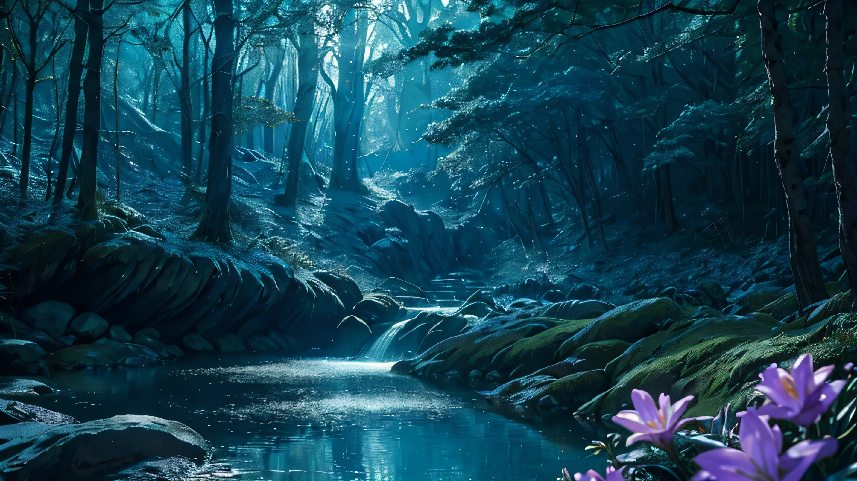A formidable paladin stands boldly by a serene mountain stream., holding a glowing sword, exuding powerful light magic. An ethereal fairytale forest backdrop comes to life with sparkling reflections on the water..'surface., and the flowers bloom in bright colors. paladin'a calm and focused facial expression adds calm to the scene.., brilliantly conveyed in a professionally executed composition. The attention to detail is amazing: Cinematic lighting illuminates every crevice, leaf and petal. The overall aesthetic is reminiscent of Fujifilm photography., conveying the beauty and depth of this magical place.