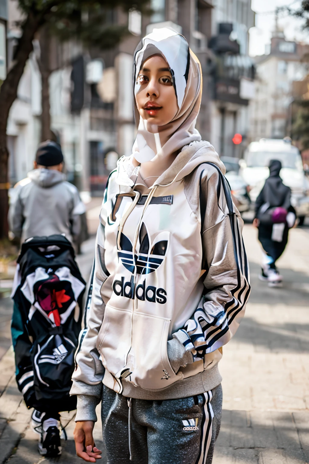 woman wearing a hijab and a hoodie standing on a street, wearing adidas clothing, woman in streetwear, she is wearing streetwear, girl wearing hoodie, wearing casual clothing, wearing casual clothes, casual streetwear, sporty, wearing a track suit, wearing hoodie, female streetwear blogger, casual photography, wearing a tracksuit, hijab, addidas, wearing sweatshirt, casual clothing style