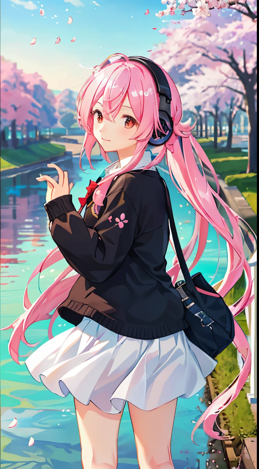 original,(figure:1.1),(highest quality),(masterpiece:1.1),(Highly detailed CG Unity 8k wallpaper), (colorful:1.2), cherry blossoms, cherry blossomsの花びら,landscape,  river|road,１７old girl１people,wearing headphones