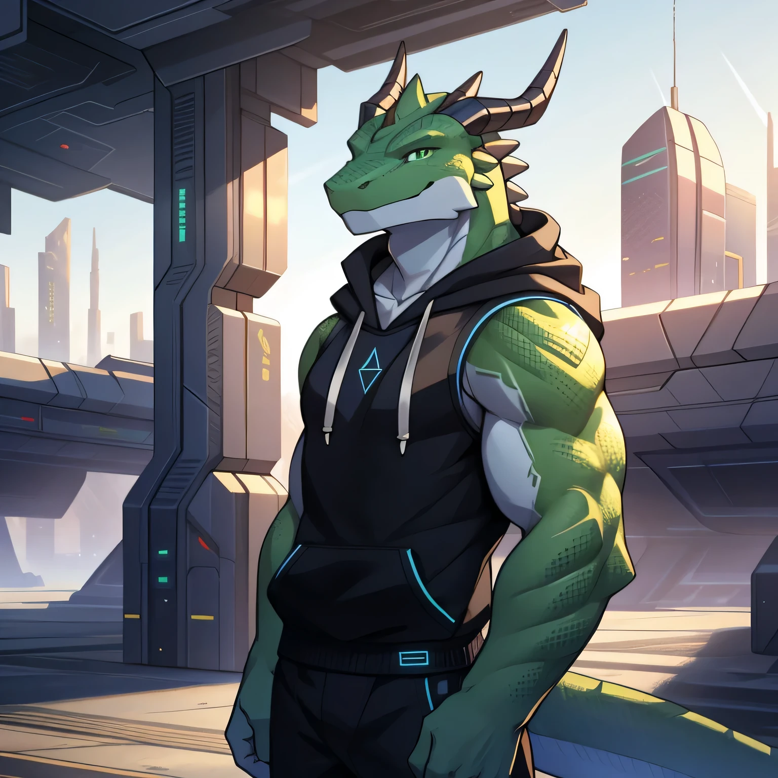 (male anthro lizard), standup, solo, Detailed scale texture, cyber city, (battle field), (sleeveless scifi hoodie), green scaled body, White belly，horn on his head, daybreak，shadows，Dim environment，（the front view），Looks pleased，[Simple background]，Detailed studentasterpiece artwork，Caustics, edgelighting, Single light source, Sharp shadows, Single portrait