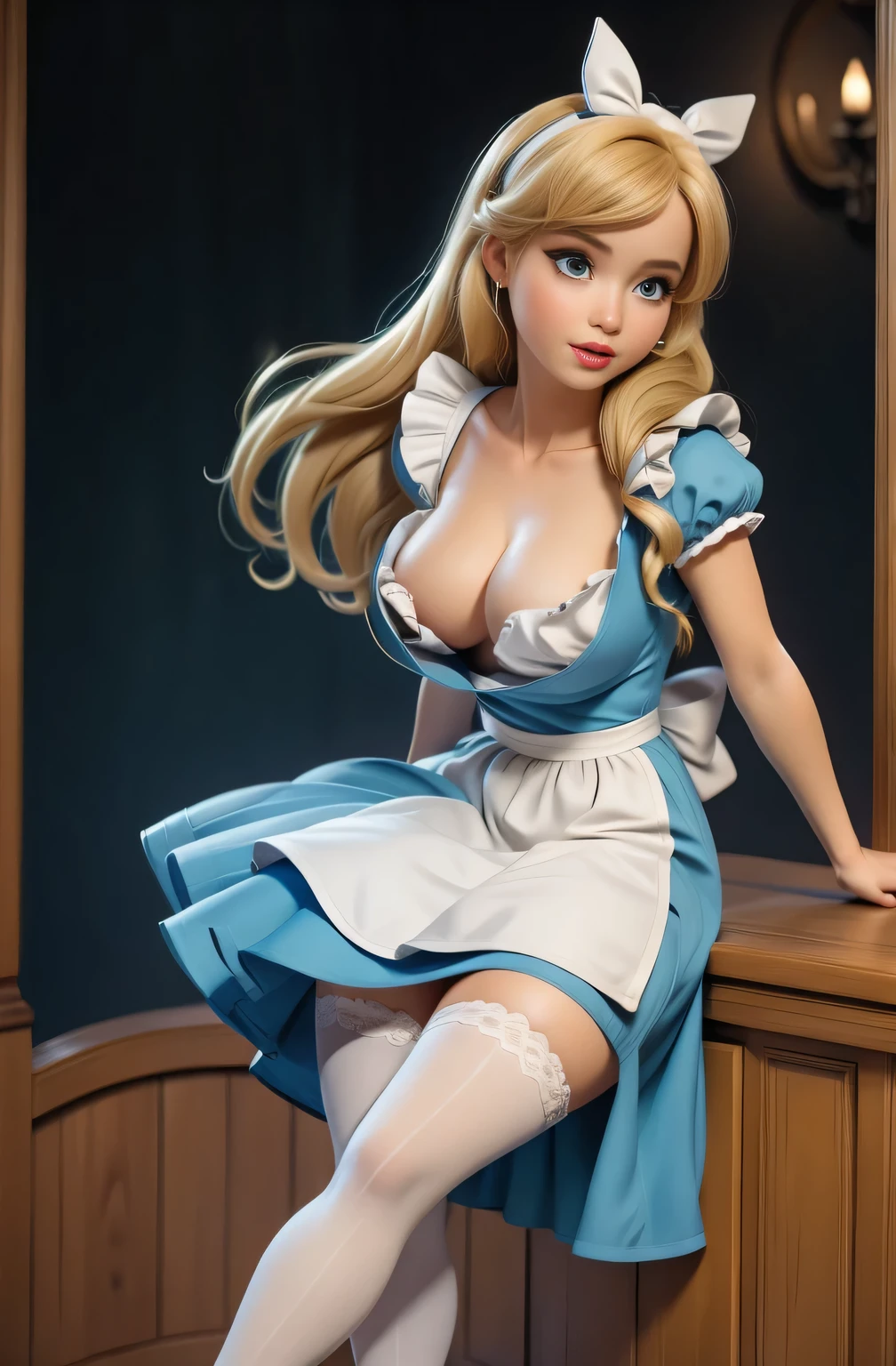 masterpiece, 1girl, solo, make her a  Alice in Wonderland with blonde hair, powder blue dress with white apron, white stockings, cleavage, dynamic, ultra high def, 32k, (perfect :1.5), perfect legs, in the style of Artgerm and Adam Hughes, perfect arms, downblouse