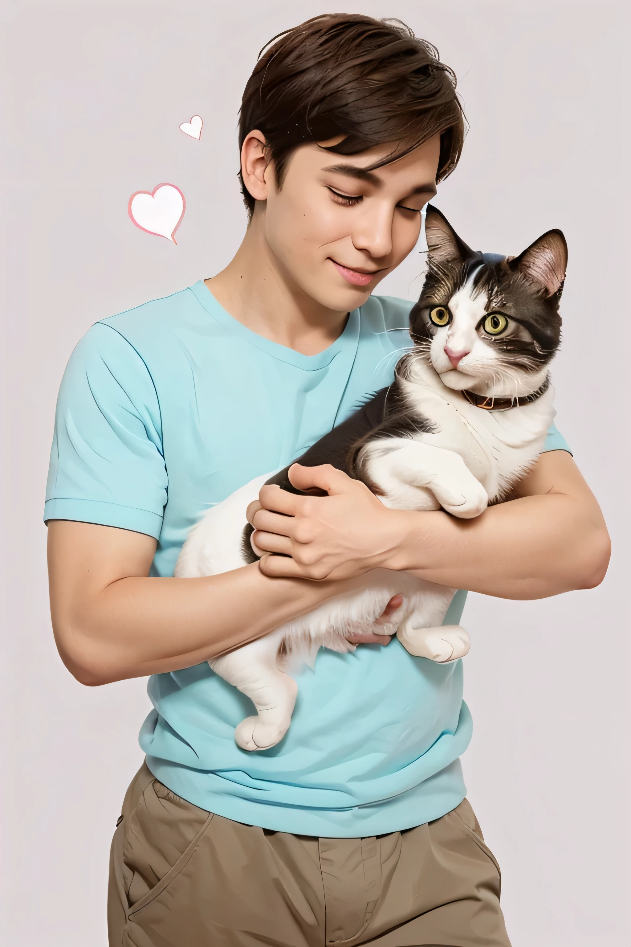 ??? boy with pet cat. Happy preschool male taking care and cuddle fluffy pet. Cartoon vector illustration set of love and friendship between baby owner and his puppy and kitty