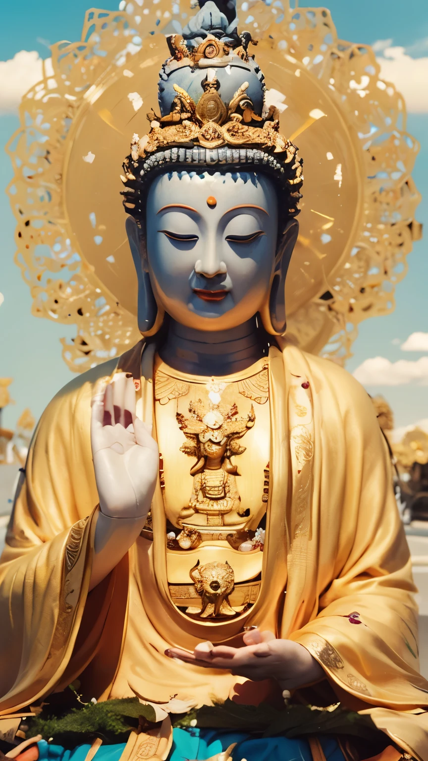Avalokitesvara Bodhisattva with hands clasped,The Buddha's light shines brightly on his head,Behind him is the blue sky and white clouds,Golden