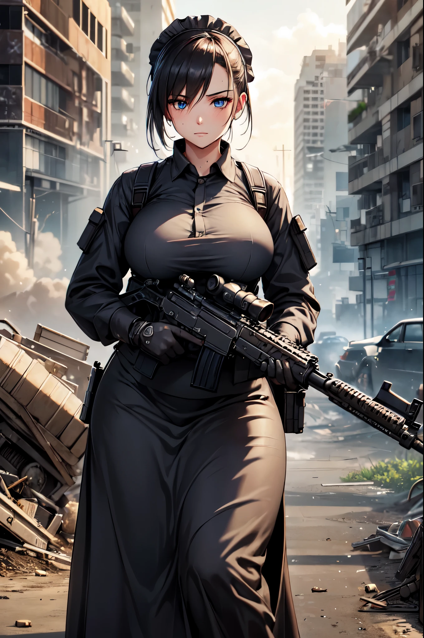 (High quality, High resolution, Fine details), A maid with assault rifle at the ready, long skirt, dystopian, smoke-filled background, post-apocalyptic, urban battleground, urban decay, combat-ready, solo, curvy women, light brown hair, sparkling eyes, (Detailed eyes:1.2), Sweat, Oily skin, shallow depth of field