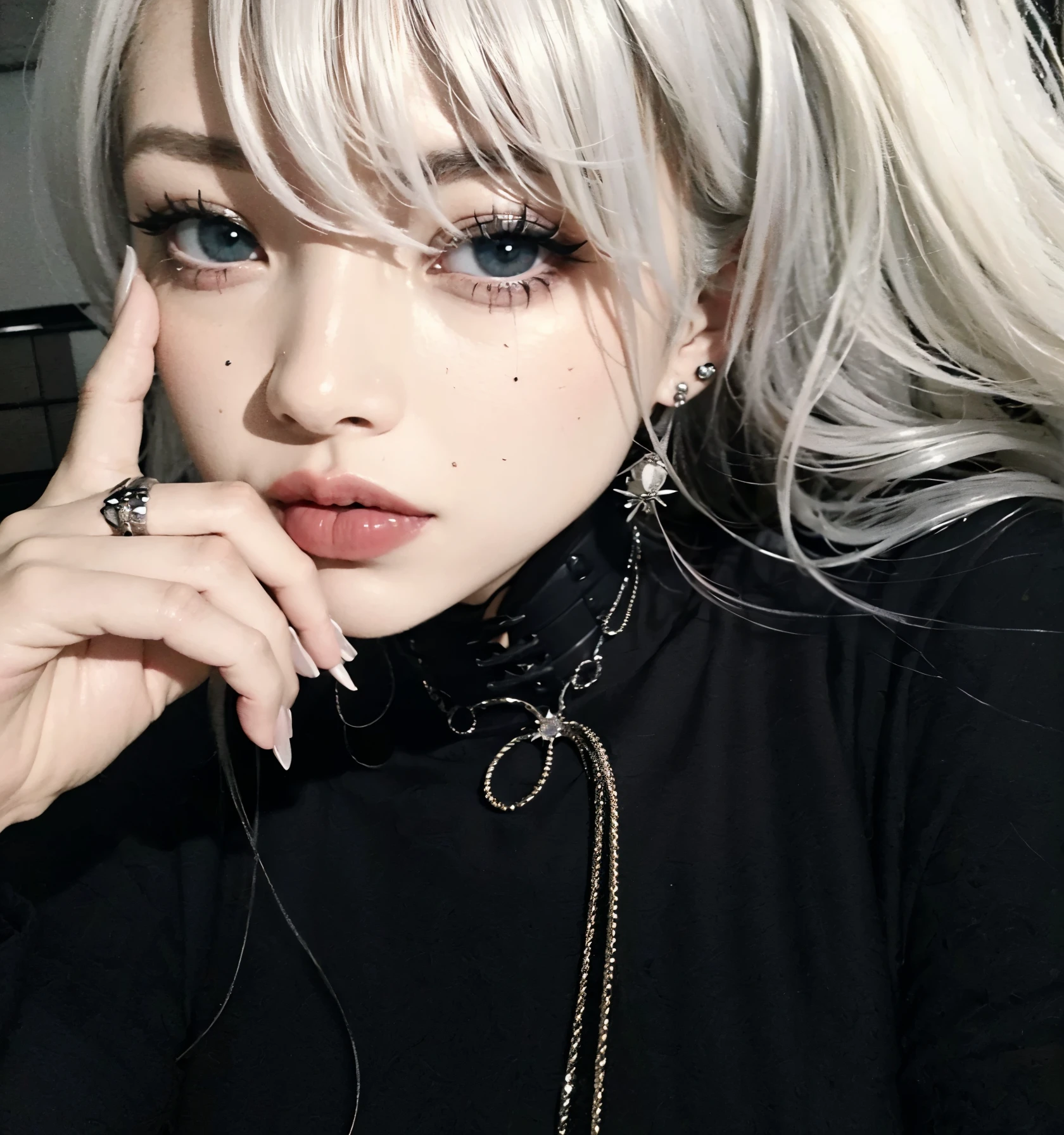 Chica de pelo rubio con piercings y piercings posando para una foto., cruel korean gothic girl, pale gothic beauty, chica perfecta de pelo blanco, gothic girl aesthetic, cara bonita de pelo blanco, con el pelo largo y blanco, 1 7 year old anime gothic girl, chica con pelo blanco, ulzzang, pale porcelain white skin, con pelo largo y blanco, pale white face