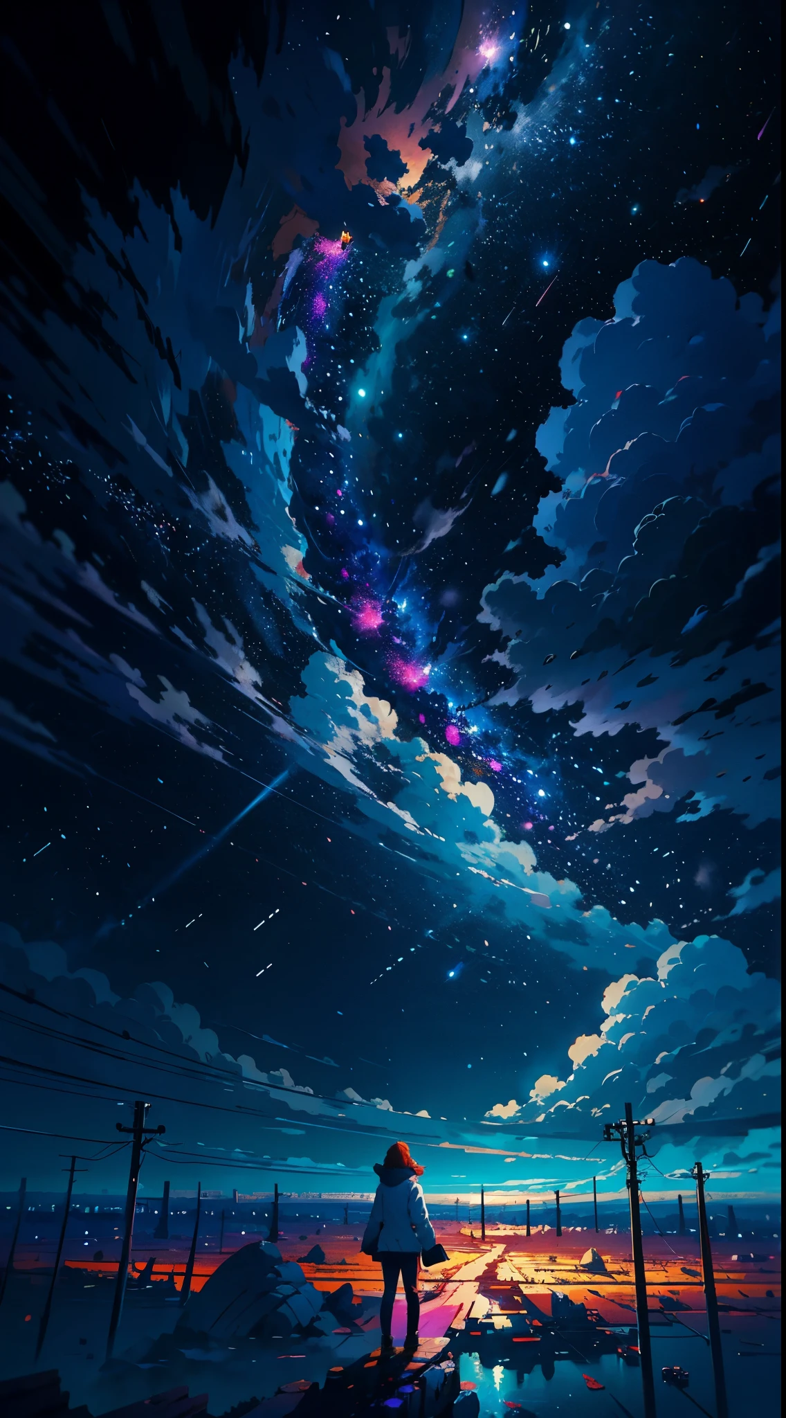 anime girl standing on a rock looking at a star filled sky, makoto shinkai cyril rolando, anime art wallpaper 4k, anime art wallpaper 4 k, anime art wallpaper 8 k, cosmic skies. by makoto shinkai, inspired by Cyril Rolando, in the style dan mumford artwork, amazing wallpaper, by Yuumei