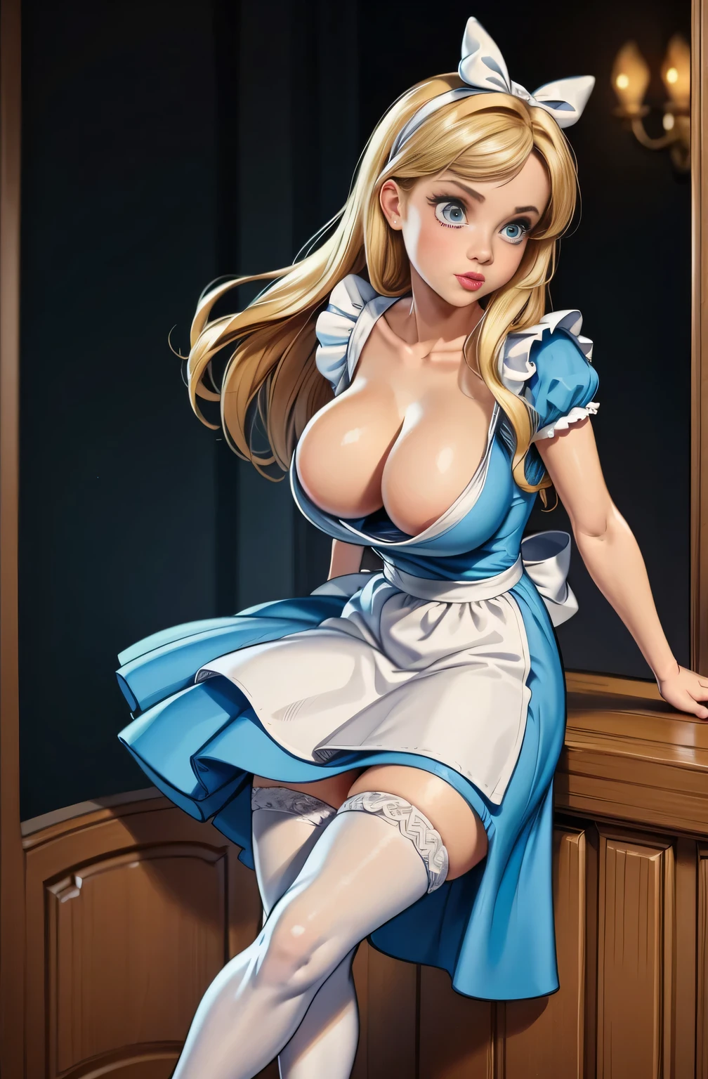 masterpiece, 1girl, solo, make her a ???? Alice in Wonderland with blonde hair, powder blue dress with white apron, white stockings, cleavage, dynamic, ultra high def, 32k, (perfect ???????:1.5), perfect legs, in the style of Artgerm and Adam Hughes, perfect arms, downblouse