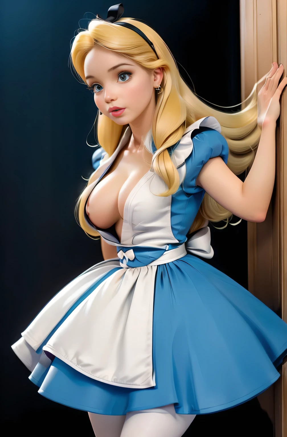 masterpiece, 1girl, solo, make her a sexy Alice in Wonderland with blonde hair, powder blue dress with white apron, white stockings, cleavage, dynamic, ultra high def, 32k, (perfect anatomy:1.5), perfect legs, in the style of Artgerm and Adam Hughes, perfect arms, downblouse