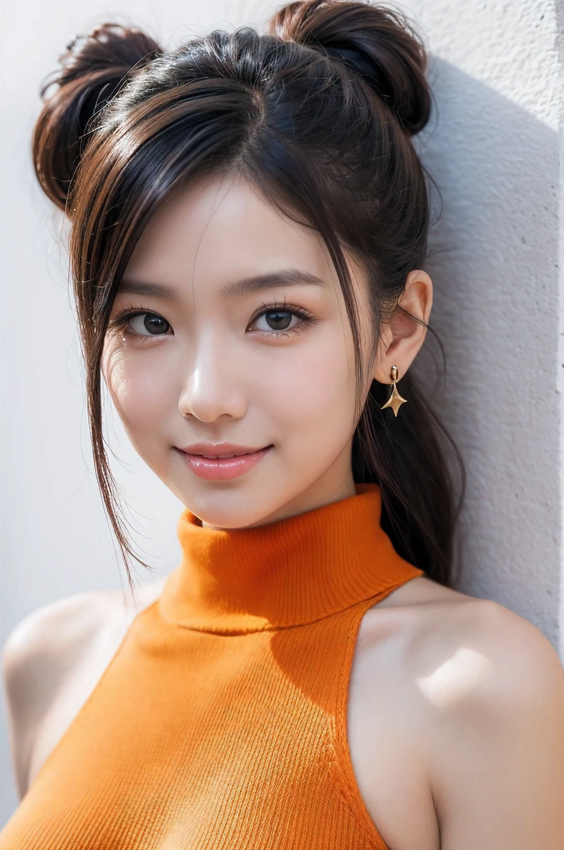 woman, beautiful face, perfection face, blue eye fully black ponytail hair, pale white skin, 小さなsmile, sexy, perfection, Face zoom in, Take the photo close to your face against a completely white background wall, emerald, highest quality, detailed, Canon EOS 80D Photo, Tall face, indoor, 

((shiny slingshot bikini))
32k sexy female models , huge breasts, eye, Twin-tailed black-haired only daughter, beautiful face, earrings, (Portrait photography), wearing (orange turtleneck sweater:1.2) )smile