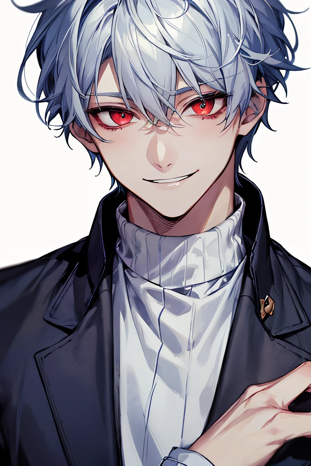 1 boy、A white-haired、purplish white eyes、maniacal grin、short messy hair、Portrait 、handsome 、heterochromia 、hair covering right eye、Evil grin、dark