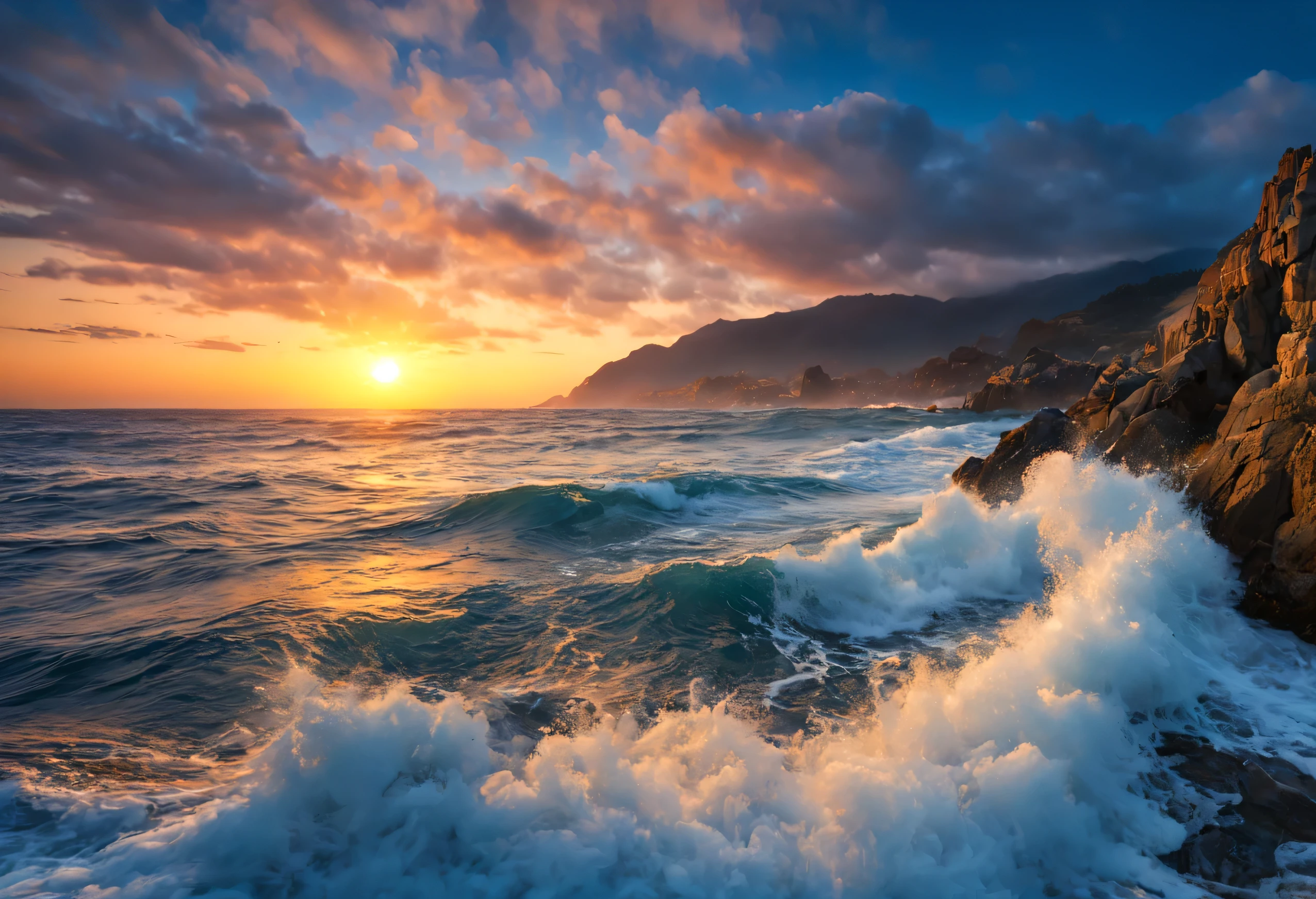 A rough dawn on the blue sea with waves crashing against it々nice view, Chaotic Sea setting, breathtaking colors, breathtaking look, breathtaking composition, beautiful sea landscapes, wonderful dawn, epic background, The glow of dawn, beautiful background, beautiful dreamy breathtaking, mark adams, warm and beautiful scenery, wonderful dawn, Beautiful dawn, beautiful The glow of dawn, beautiful blue sea