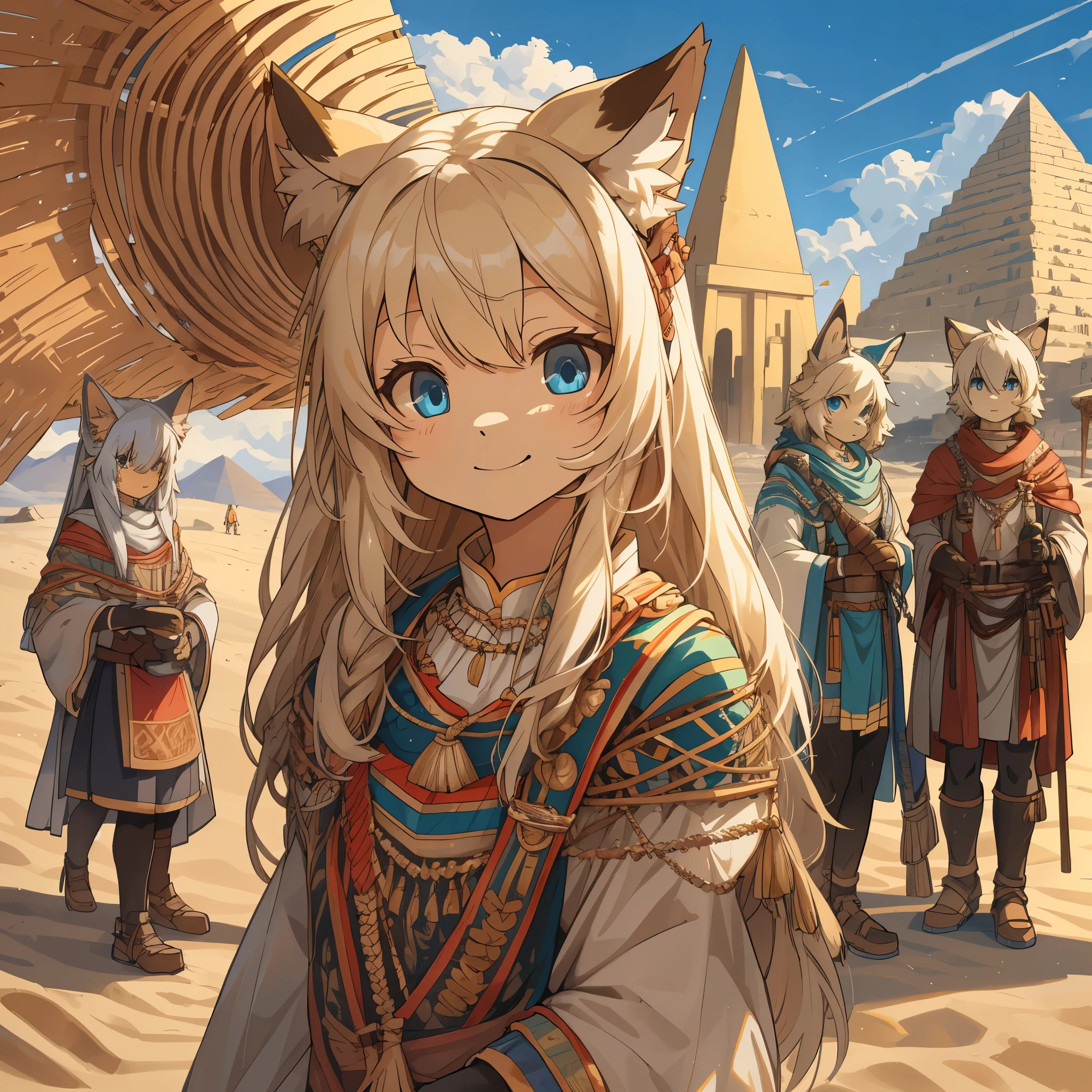 top quality, best quality, High-quality illustrations, masterpiece, super high resolution, detailed background, detailed background, desert, sand dunes, pyramid, Traditional costumes, group shot:0.2, 6+boys, 6+girls, Happy, joyful, absurdres(highly detailed beautiful face and eyes)perfect anatomy(kemono, furry anthro)selfie:0.1,