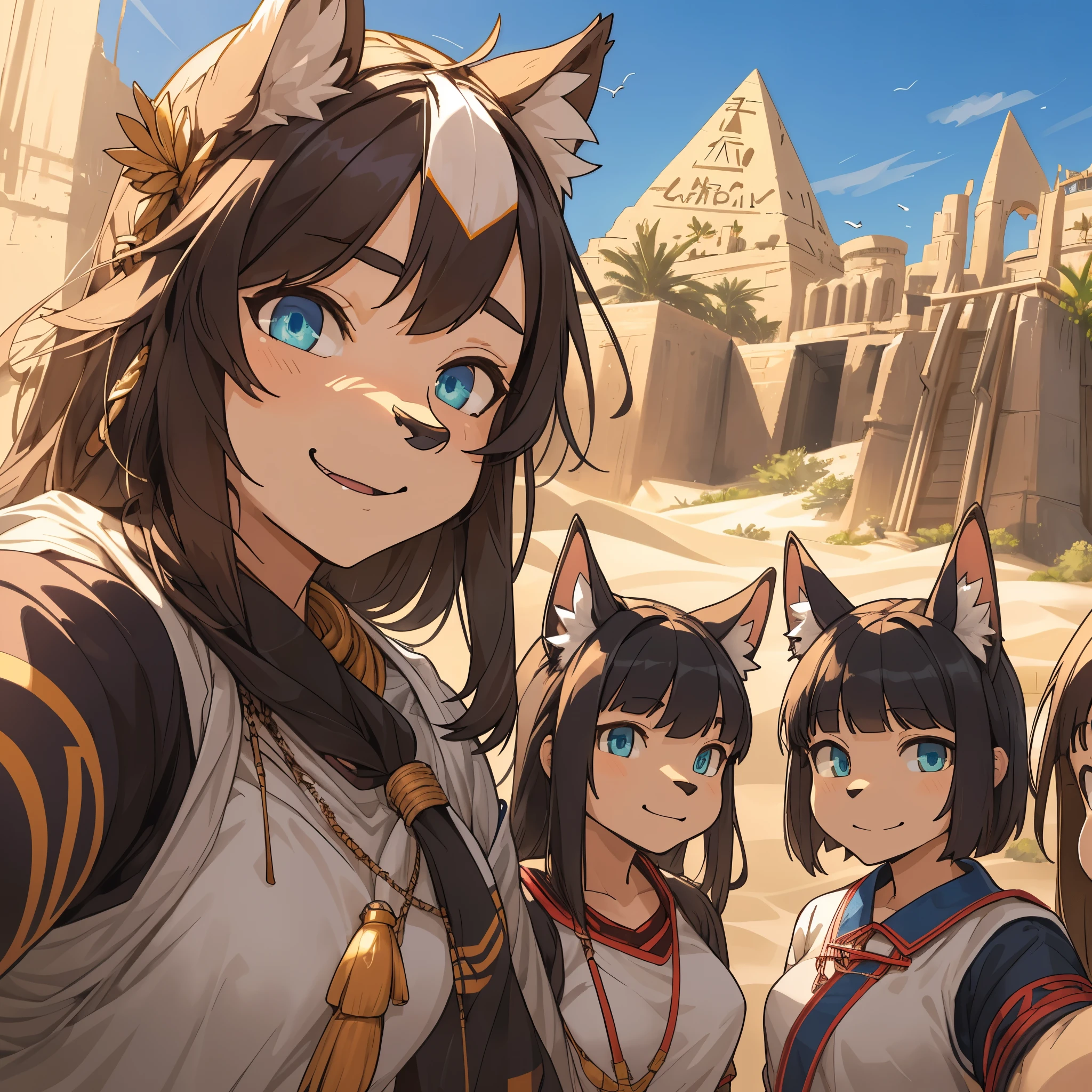 top quality, best quality, High-quality illustrations, masterpiece, super high resolution, detailed background, detailed background, desert, sand dunes, pyramid, Traditional costumes, group shot:0.2, 6+boys, 6+girls, Happy, joyful, absurdres(highly detailed beautiful face and eyes)perfect anatomy(kemono, furry anthro)selfie:0.1,