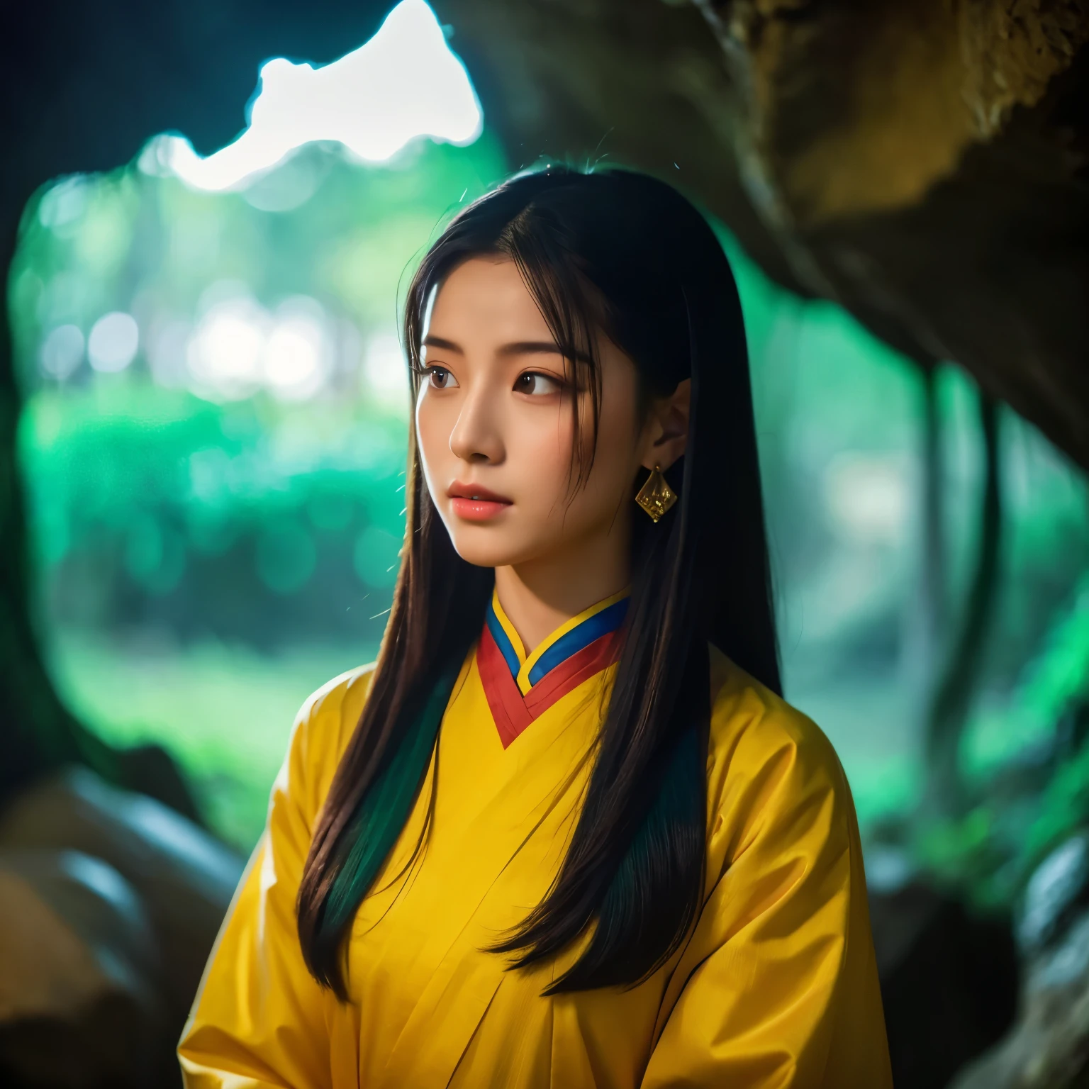 Natural photo with a girl, looking at viewer, long black and mint hair, Dūnhuáng wǔb girl, Chinese woman god, In Ancient Buddha Culture, Green and Blue traditional Dunhuang Chinese Buddha woman god, in the fairy cave, forest, cinematic, real, high-resolution 