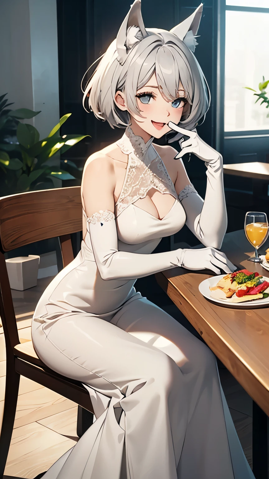 table top High level image quality 最High level image quality 8k lady(I) full body portrait blanche long gloves((lace fabric)(elbow gloves)) white long dress(Tube top) wolf ears short hair((shortcut)(gray hair)(perm)(fluffy)) eye color is blue laughter((open your mouth)) sit on a chair turn this way breakfast