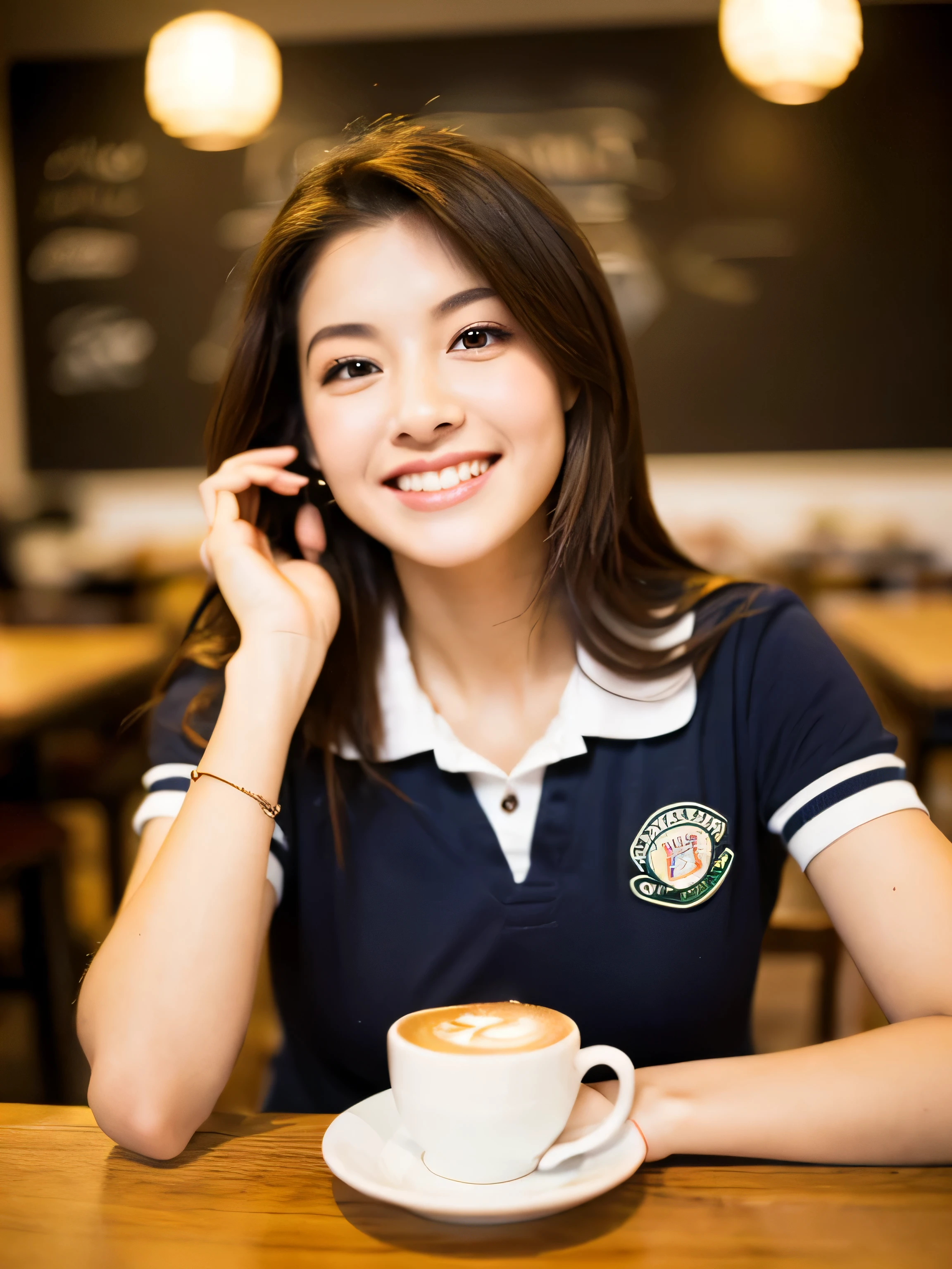 Seed value 4127110832,((ung and beautiful girl: 1.4)),(8k, RAW photo, highest quality, table top: 1.2),cinematic light,brown hair,fine and beautiful eyes,huge breasts, light makeup,(face:1.3),(laughter),(cute cafe uniform:1.3),(Stylish café interior:1.3),(Serve coffee:1.3),(From customers'point of view)