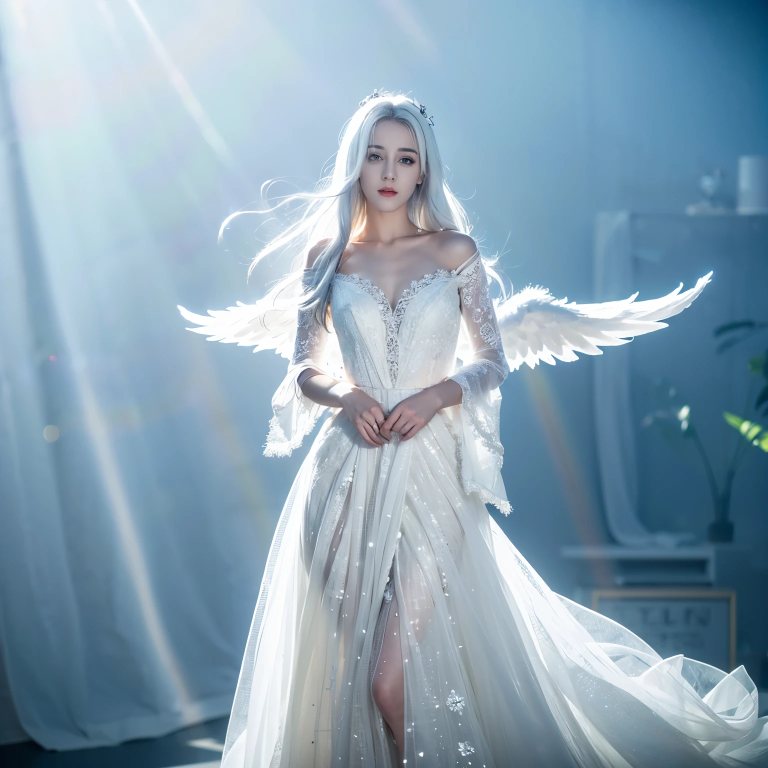 ((top quality、8k、Masterpiece:1.3))、Extremely delicate and beautiful girl,Very white skin,fiery red lips,Waist is very thin,Thighs are very thin,White wedding dress,White and smooth skin,Smooth and fair skin,flawless skin,Fair and shiny skin,cold white skin,The camera focuses on the chest,bright light,hair is white,A pair of huge white wings on the back,angel wings,hazy light rays,hazy light rays,blurred white background,White hair,white hair,sad,shed tears