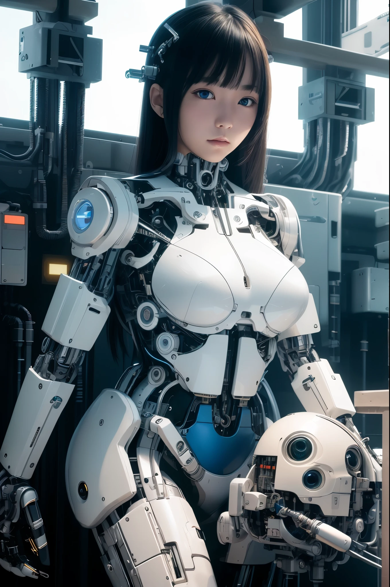 masterpiece, best quality, extremely detailed, Japaese android girl,Plump ,control panels,android,Droid,Mechanical Hand, Robot arms and legs,Blunt bangs,perfect robot girl,long tube,thick cable connected her neck,android,robot,humanoid,cyborg,japanese cyborg girl ,robot-assembly plant,She has assembled now,assembly scene,chest monitor,blue eyes