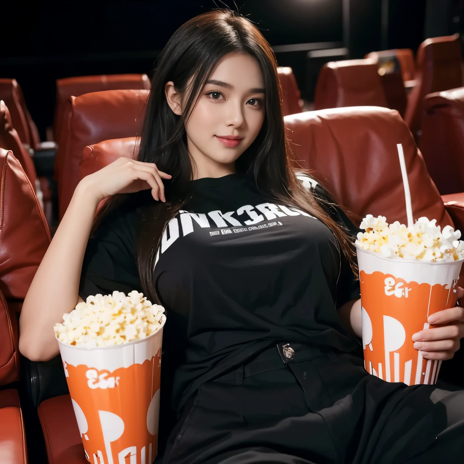 20 year old girl,Beautiful girl,big breast,long hair, oversized black t-shirts and pant, cute smile,cute girls bag on back ,popcorn and cold drink in her hand,photo from cinema theater, ready for movie show, 8k , 16k, hyper realistic, hyper details, no error, hyper perfect photo, perfect hand position