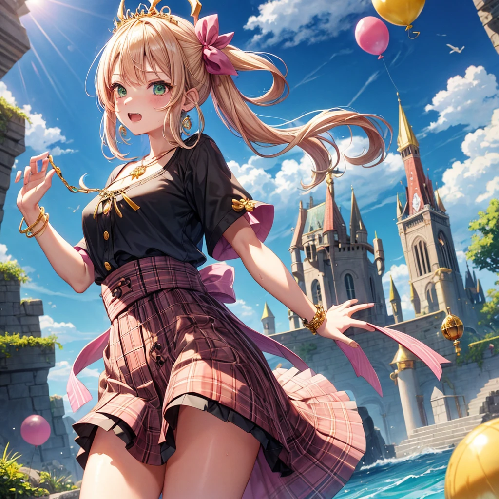 pink blonde、green eyes、one good looking girl、solo、anime、plaid mini skirt、the skirt has buttons、camisole、black t-shirt、dress、wearing a ribbon、ribbon at waist、cloak、hood、clouds are swirling、stone slabs are piled up、one hand raised、crystal earrings、sun、teeth are visible、splash of water、monster castle、have a world map、ceiling、golden key、balloon、jewelry necklace、tiara、I&#39;m tanned