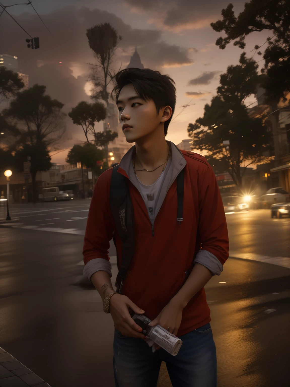 RAW photo, a portrait photo of 21 y.o man in casual clothes, night, city street, (high detailed skin:1.2), 8k uhd, dslr, soft lighting, high quality, film grain, Fujifilm XT3