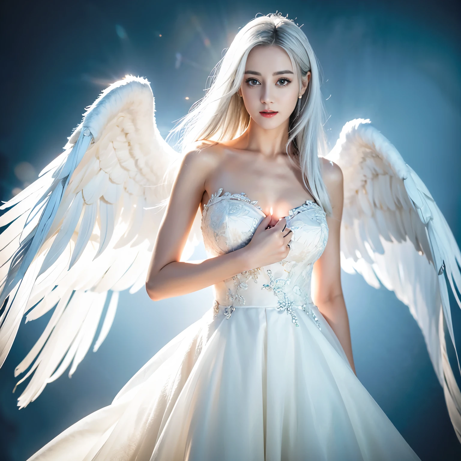 ((top quality、8k、Masterpiece:1.3))、Extremely delicate and beautiful girl,Very white skin,fiery red lips,Waist is very thin,Thighs are very thin,White wedding dress,White and smooth skin,Smooth and fair skin,flawless skin,Fair and shiny skin,cold white skin,The camera focuses on the chest,bright light,hair is white,A pair of huge white wings on the back,angel wings,hazy light rays,hazy light rays,blurred white background,White hair,white hair,sad,shed tears