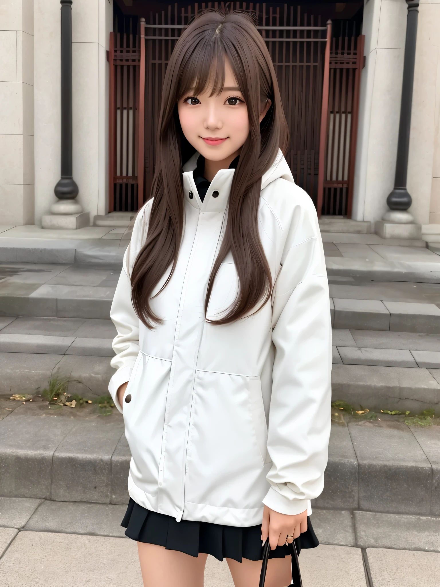 product quality, 1 girl, cowboy shot, front view, a Japanese young pretty girl, long bob hair, standing with a big smile in front of a gate of a big temple in a big city, shiny satin white down parka over a black sweater, black miniskirt, a tote bag over her shoulder, hyper cute face, glossy lips, double eyelids for both eyes, natural makeup, shiny smooth light brown hair of long bob hair, asymmetrical bangs, high resolution, high detail, detailed hairstyle, detailed face, cinematic lighting, octane rendering, hyper realistic, perfect limbs, perfect anatomy