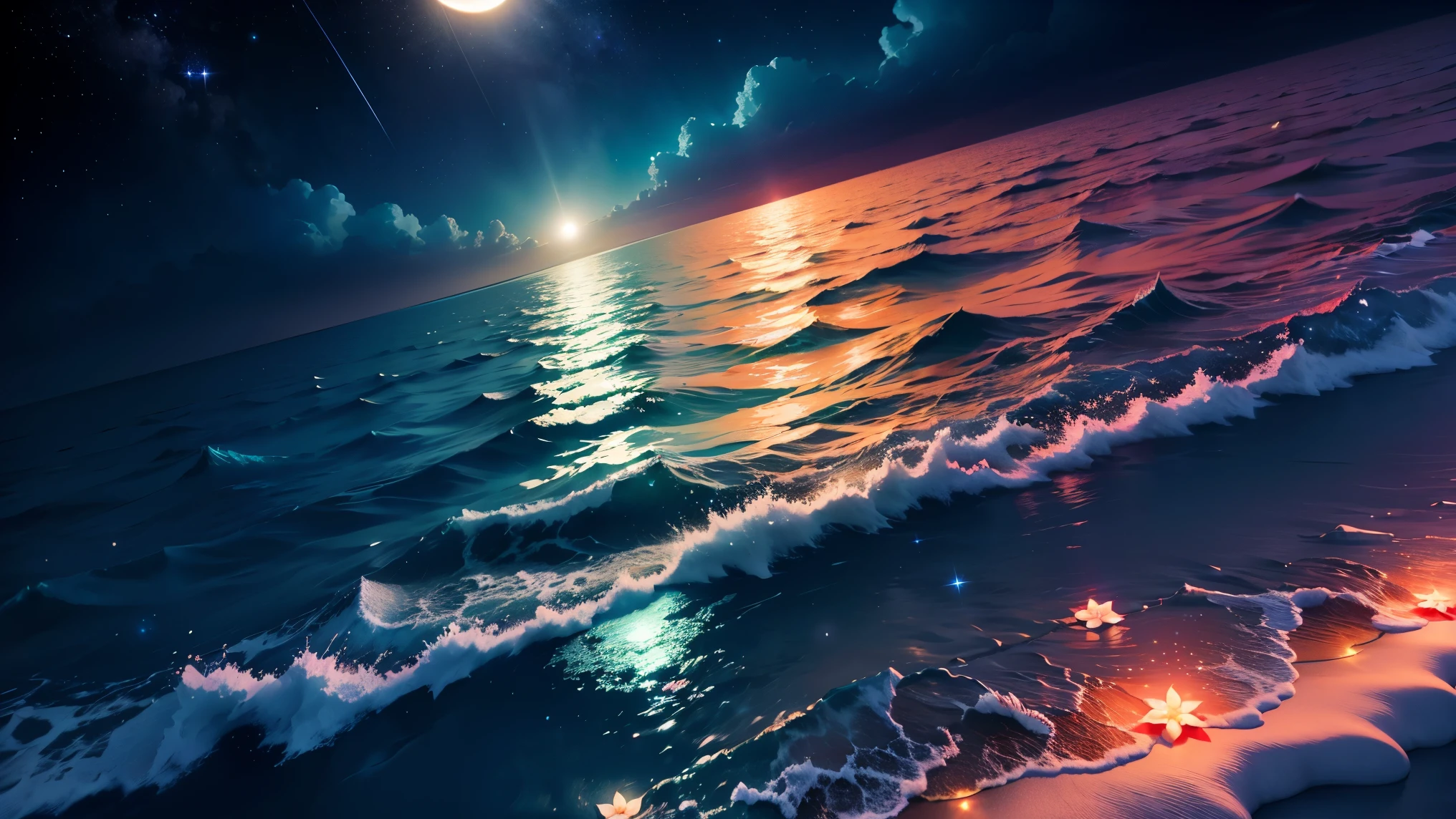 rescent moon is on the sea, and the white beach road is covered with red roses light beads, star , starry sky, fireflies, water bubbles, Miyazaki Hayao style, romantic flowers, 8k HD, CG rendering