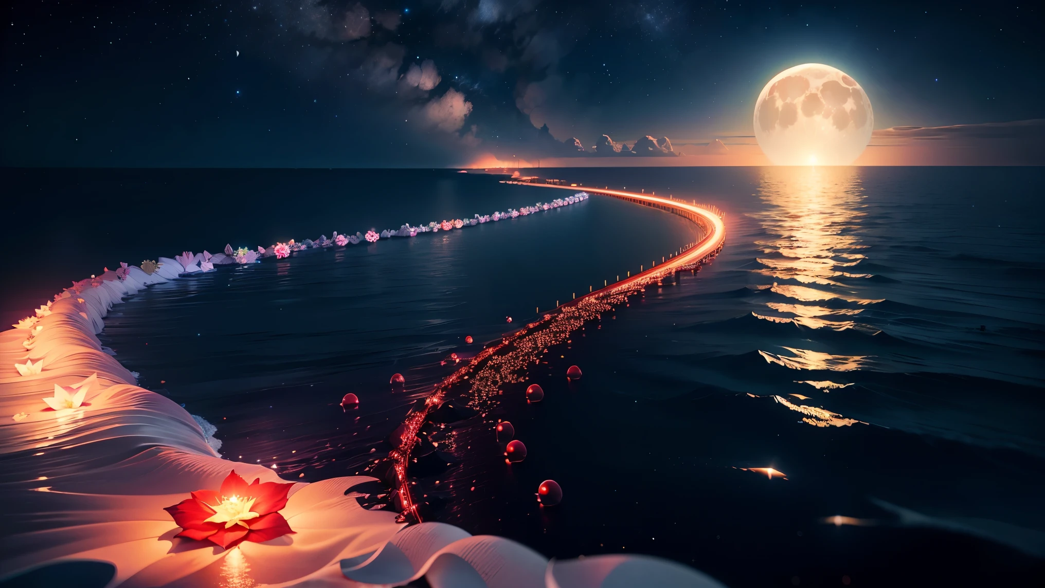 rescent moon is on the sea, and the white beach road is covered with red roses light beads, star , starry sky, fireflies, water bubbles, Miyazaki Hayao style, romantic flowers, 8k HD, CG rendering
