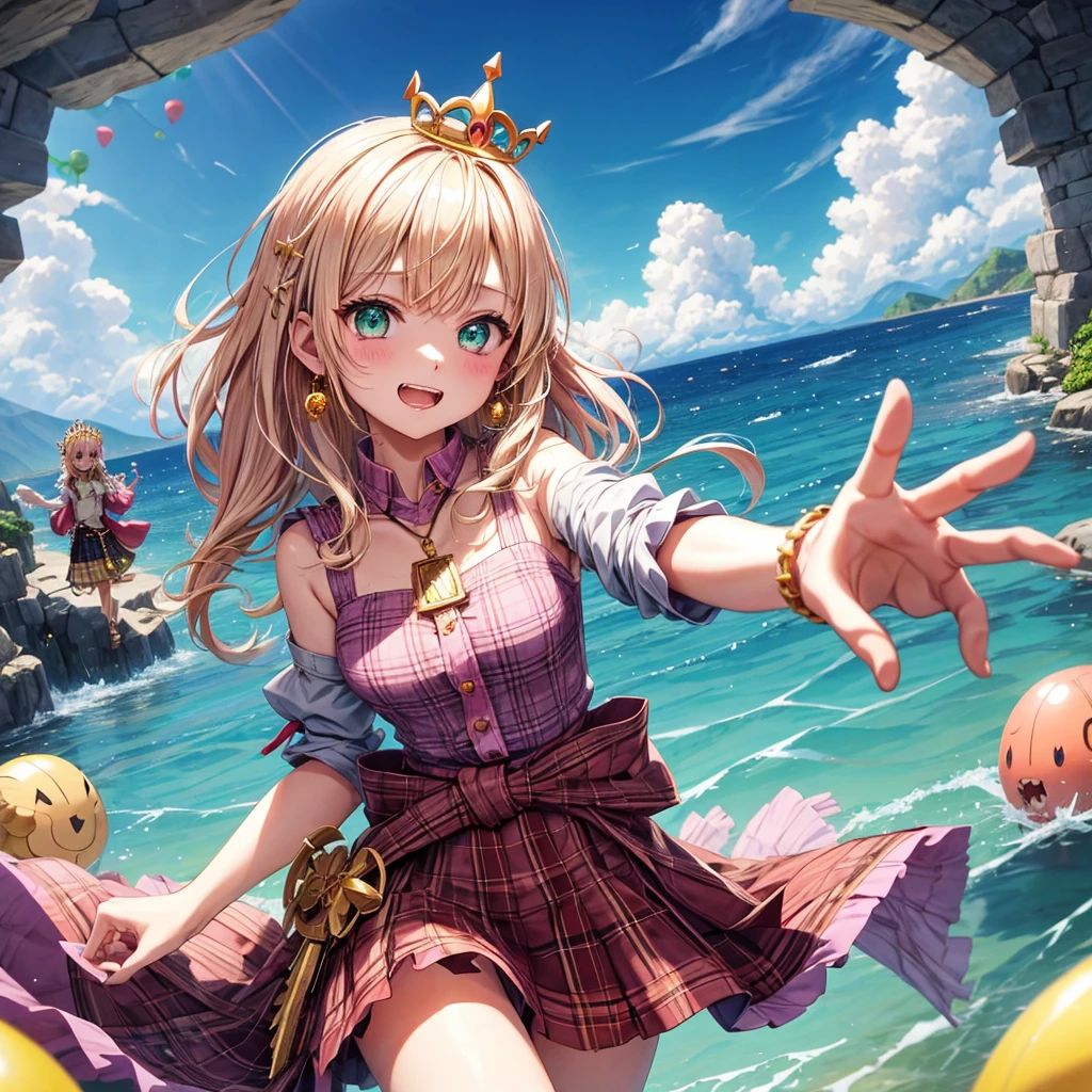 pink blonde、green eyes、one good looking girl、solo、anime、plaid mini skirt、the skirt has buttons、camisole、black t-shirt、dress、wearing a ribbon、ribbon at waist、cloak、hood、clouds are swirling、stone slabs are piled up、one hand raised、crystal earrings、sun、teeth are visible、splash of water、monster castle、have a world map、ceiling、golden key、balloon、jewelry necklace、tiara、I&#39;m tanned