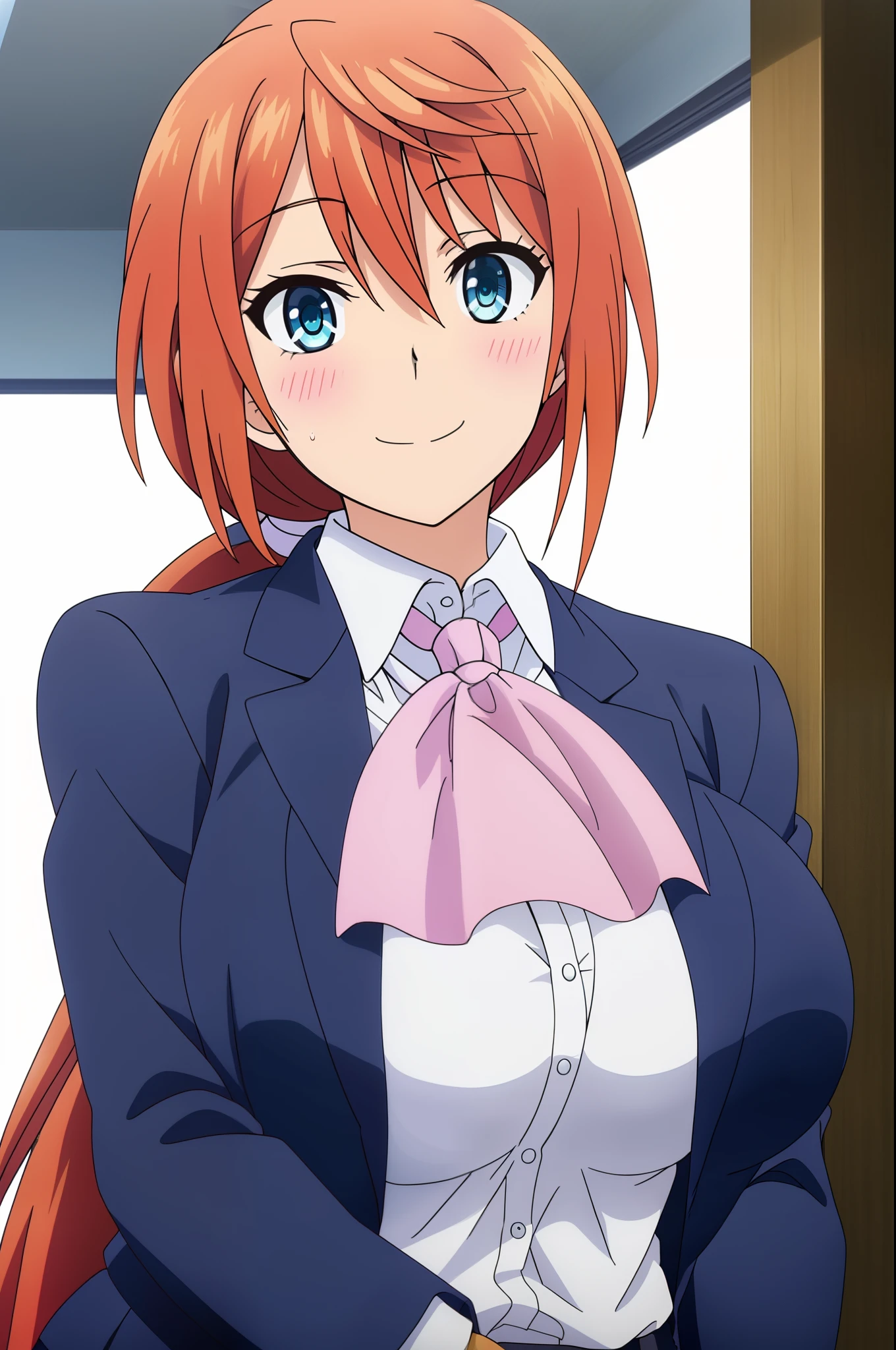 1girl, solo, long hair, looking at viewer, blush, smile, huge breasts, orange hair, blue eyes, shirt, school uniform, jacket, ponytail, ascot, UPPER BODY
