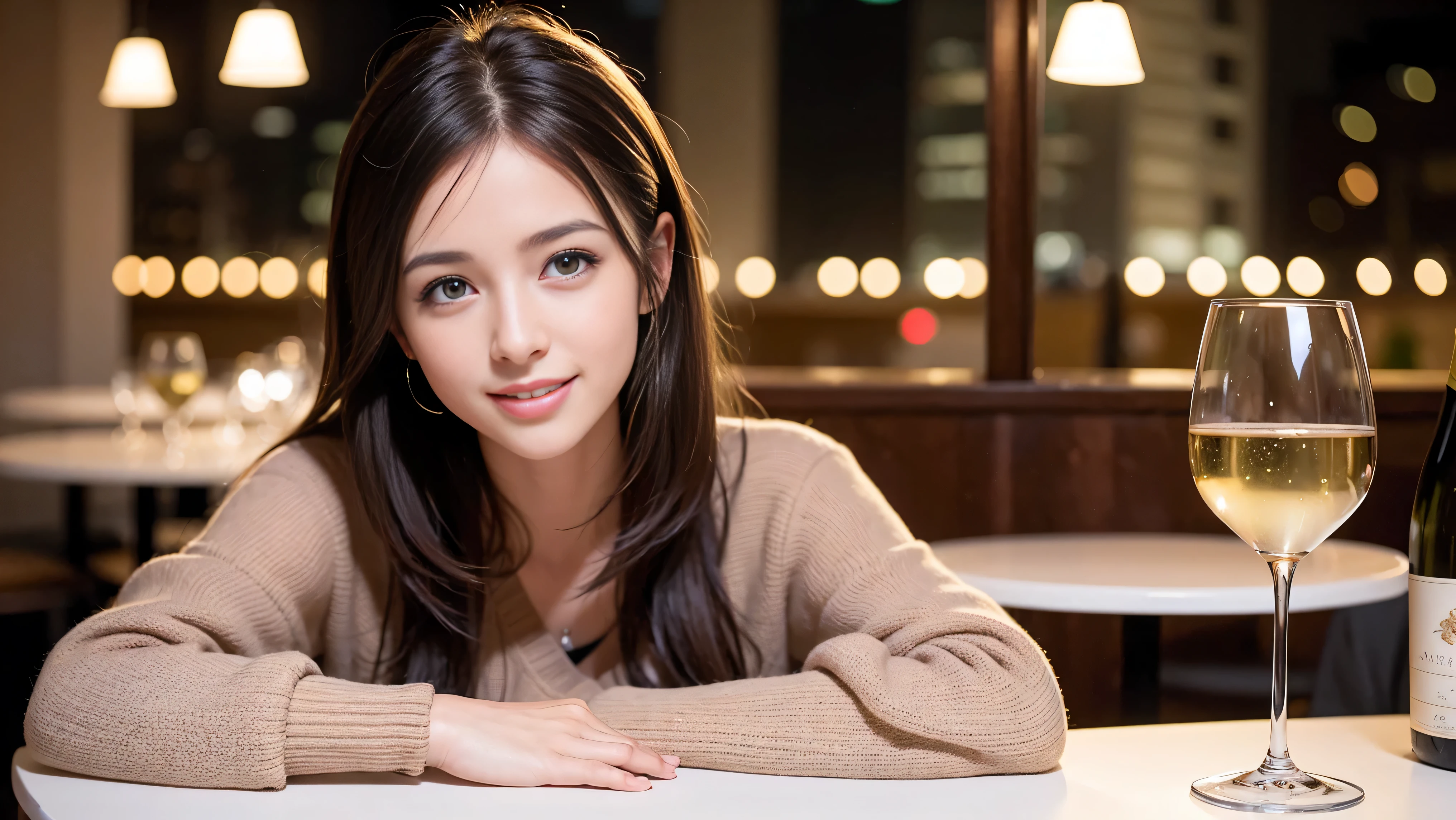 64k, Hmm, highest quality, masterpiece: 1.2), (realistic, photorealistic: 1.37), Super detailed, slimな美女3名, (slimフェイス),Happy、 最高なsmile、Fox face、Berry Short、(because I'thin), (brown hair), (shortcut), long sleeve shirt、winter fashion、Colombian、Brazilian、Japanese、Dutch、German、Portuguese、Belgian、Italian、French,Champagne、sparkling wine、 (gush out), (slimボティ), (brown hair), (shortcut), neat beauty、cheeks turn a little red, (35 years old), 38 years old, alone, A beautiful and detailed night view spreads out outside the window...., restaurant, wine glassが座っている, At night, in a prominent place (from the Upper body) nova frog style, actress, model, Upper body, White wine, slim, wine glass, Very beautiful night view, wine glass Put in the Middle, Happy smile, (smile: 1.15),