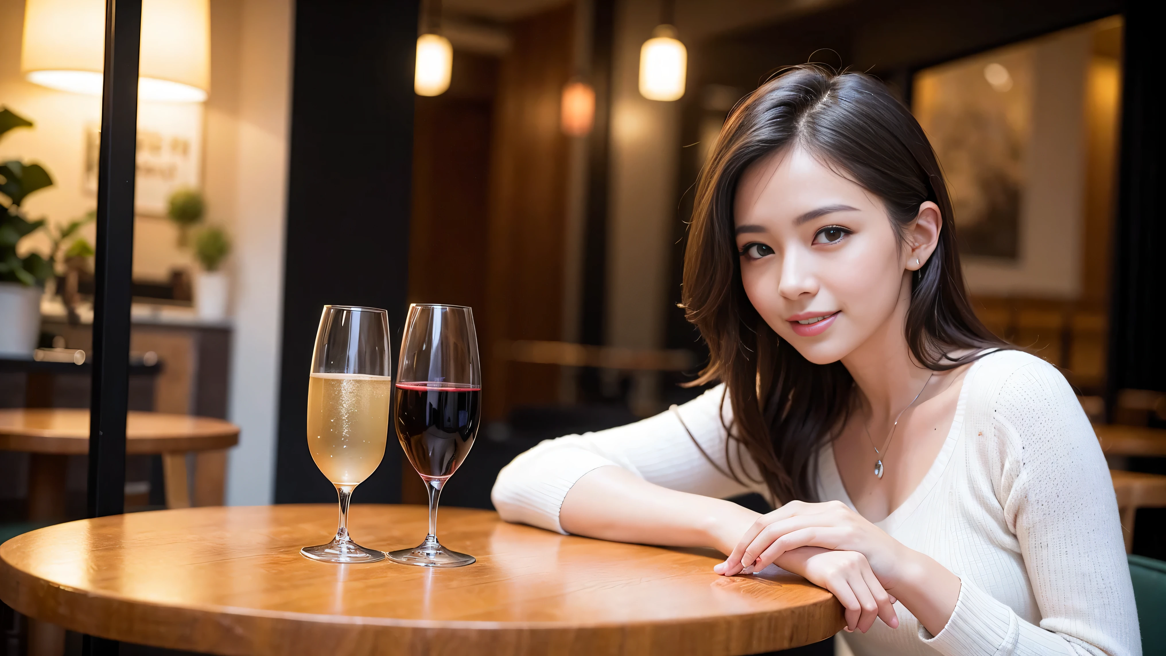(including 64k, nffsw, highest quality, table top: 1.2), (realistic, photorealistic: 1.37), long sleeve shirt、winter fashion、Columbia、Brazilian、Japanese、Dutch、German、Portuguese、Belgian、Italian、French,Champagne、sparkling wine、 (slimフェイス), (slimボティ), (brown hair), (shortcut), neat beauty、cheeks turn a little red, (35 years old), 38 years old, alone, 窓の外には美しく緻密なnight景が広がります., restaurant, wine glassが座っている, nightに, in a prominent place (from the Upper body) nova frog style, actress, model, Upper body, White wine, slim, wine glass, Super Clean night View, wine glass Put in the Middle, Happy smile, (smile: 1.15), beautiful and detailed eyes, Upper body, bust japan up, night, short, short, actress, model, Upper body, White wine, slim, wine glass, Super Clean night View, wine glass Put in the Middle, Happy smile,