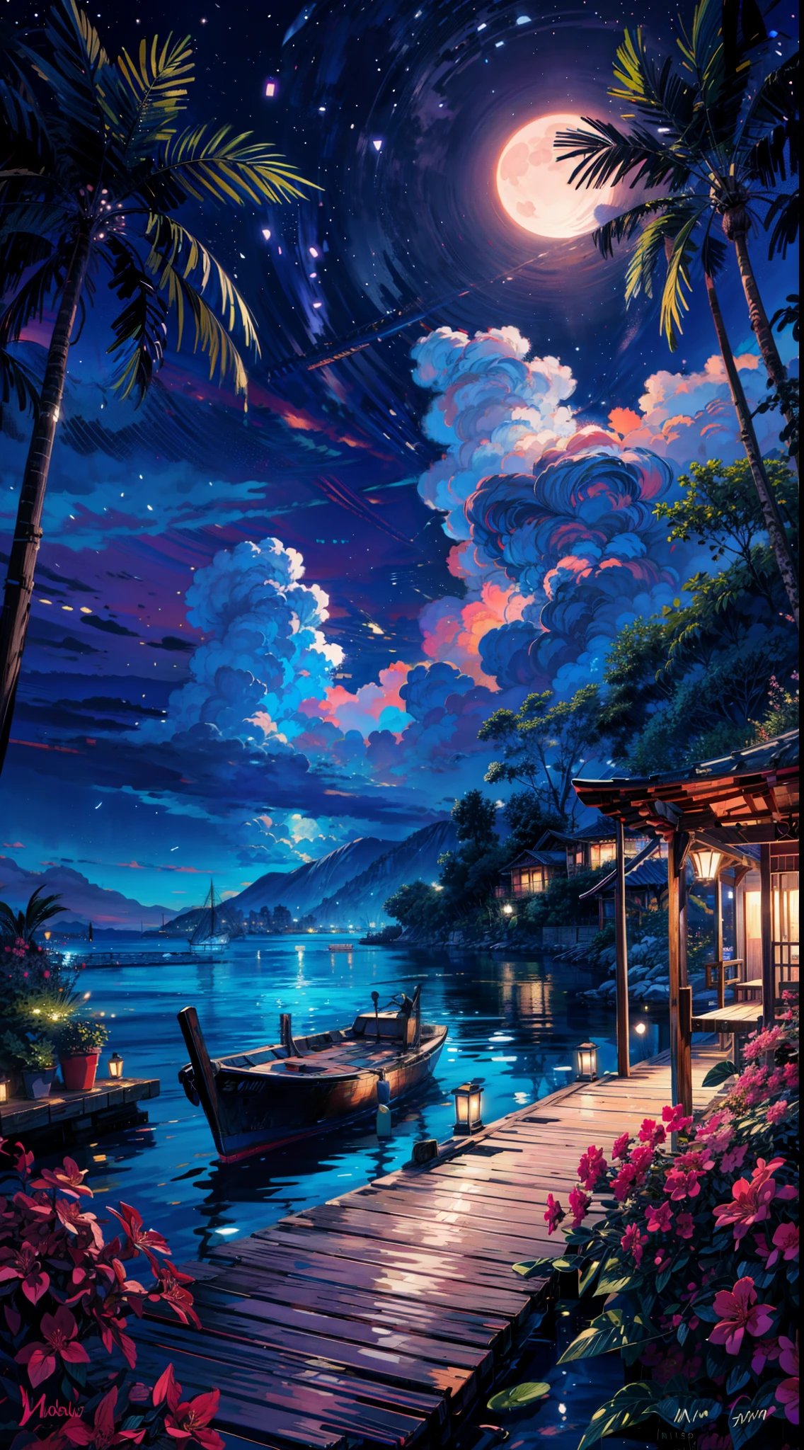 painting of a neon moonlight,dock areas, Bougainville decoration , 4k hd, moonlight, cloud,ocean, moonlight reflection,beautiful art uhd 4 k, a beautiful artwork illustration, beautiful digital painting, highly detailed digital painting, beautiful digital artwork, detailed painting 4 k, very detailed digital painting, rich picturesque colors, gorgeous digital painting
