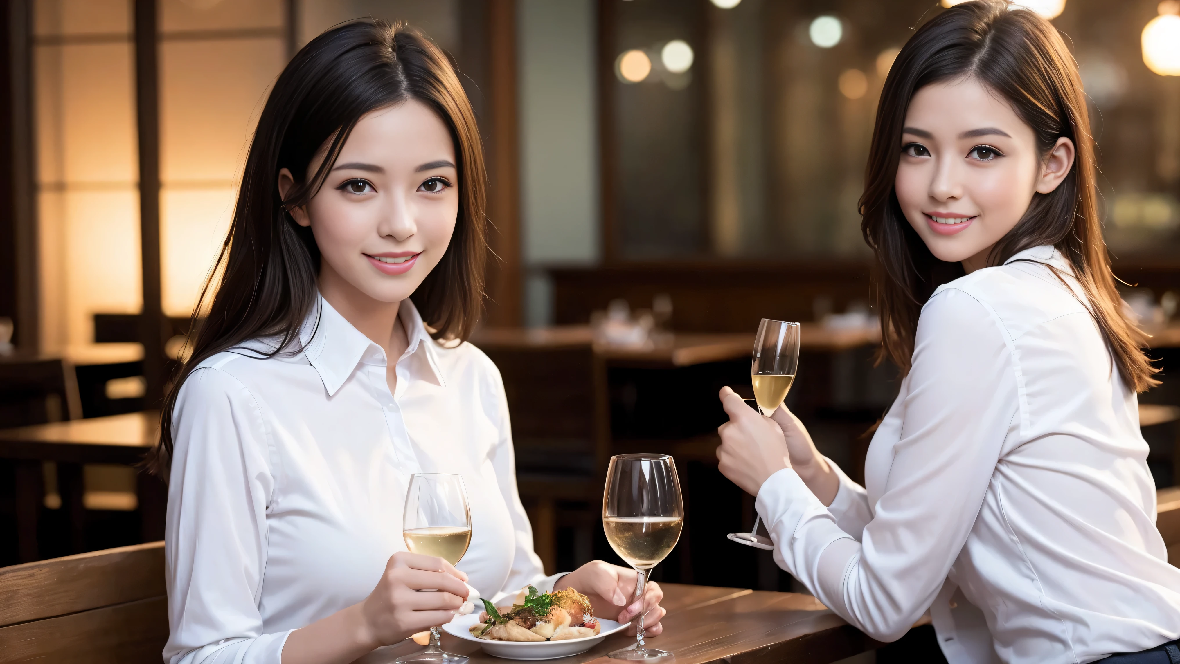 (including 64k, nffsw, highest quality, table top: 1.2), (realistic, photorealistic: 1.37), long sleeve shirt、winter fashion、Columbia、Brazilian、Japanese、Dutch、German、Portuguese、Belgian、Italian、French,Champagne、sparkling wine、 (slimフェイス), (slimボティ), (brown hair), (shortcut), neat beauty、cheeks turn a little red, (35 years old), 38 years old, alone, 窓の外には美しく緻密なnight景が広がります., restaurant, wine glassが座っている, nightに, in a prominent place (from the Upper body) nova frog style, actress, model, Upper body, White wine, slim, wine glass, Super Clean night View, wine glass Put in the Middle, Happy smile, (smile: 1.15), beautiful and detailed eyes, Upper body, bust japan up, night, short, short, actress, model, Upper body, White wine, slim, wine glass, Super Clean night View, wine glass Put in the Middle, Happy smile,