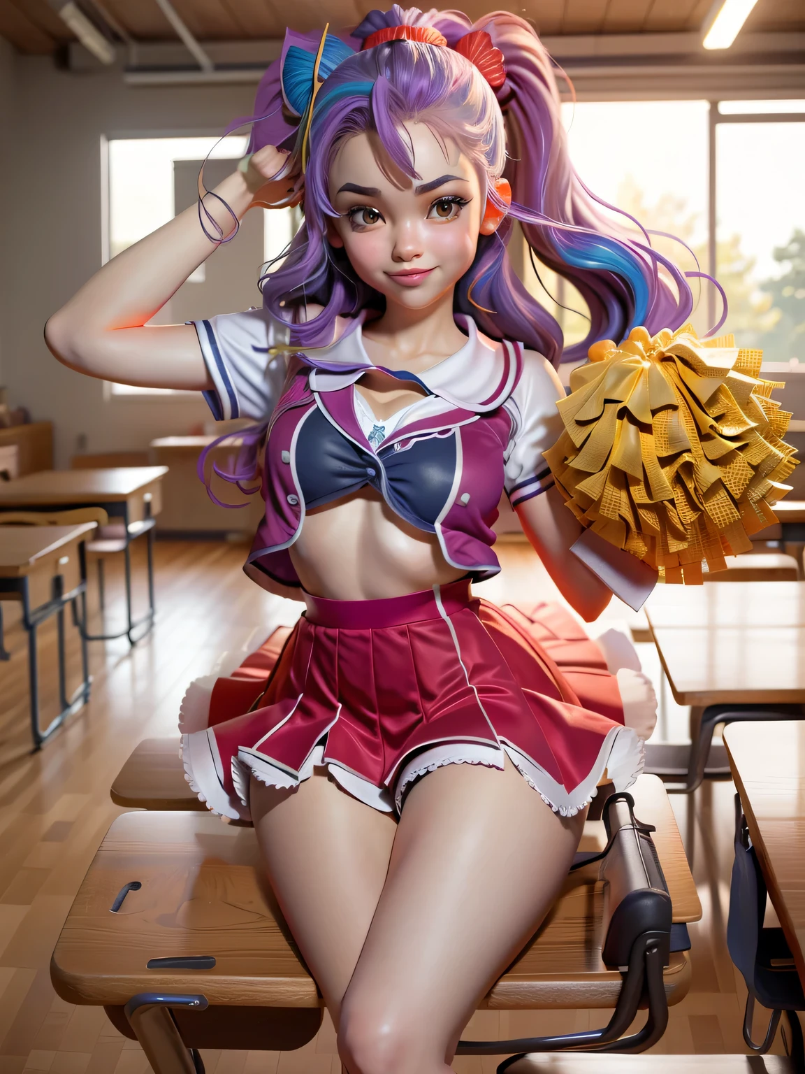 cheer girl Underwear pattern Classroom early evening A smile No thin uniform buttons Underwear pattern multicolor hair up skirt raise leg
